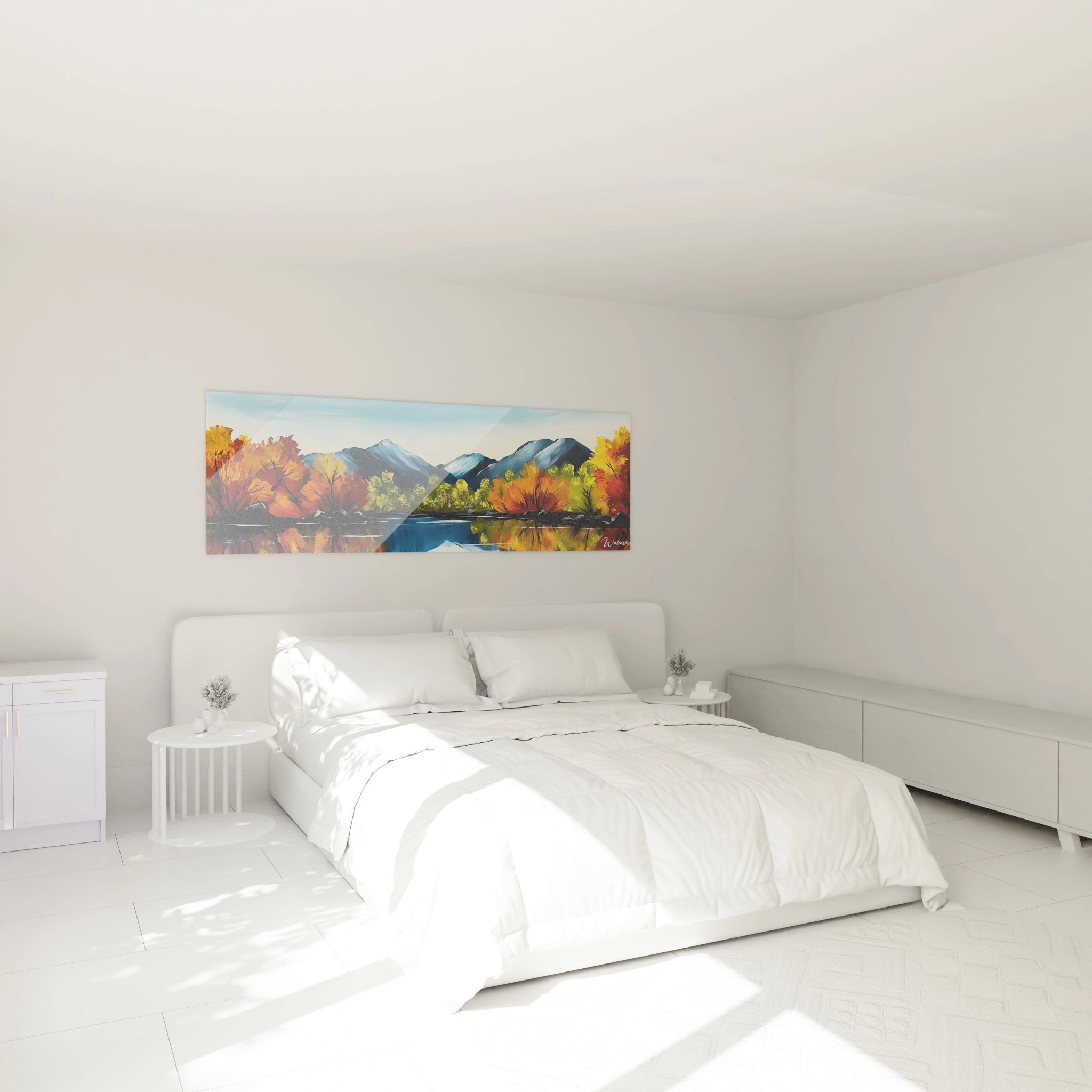 Tableau montagne au panorama alpin capturant la rencontre entre végétation automnale flamboyante et chaîne de sommets bleu-gris. Surface picturale texturée pour les arbres colorés en premier plan, effet miroir dans l'eau du lac et transition douce dans le ciel azuré.