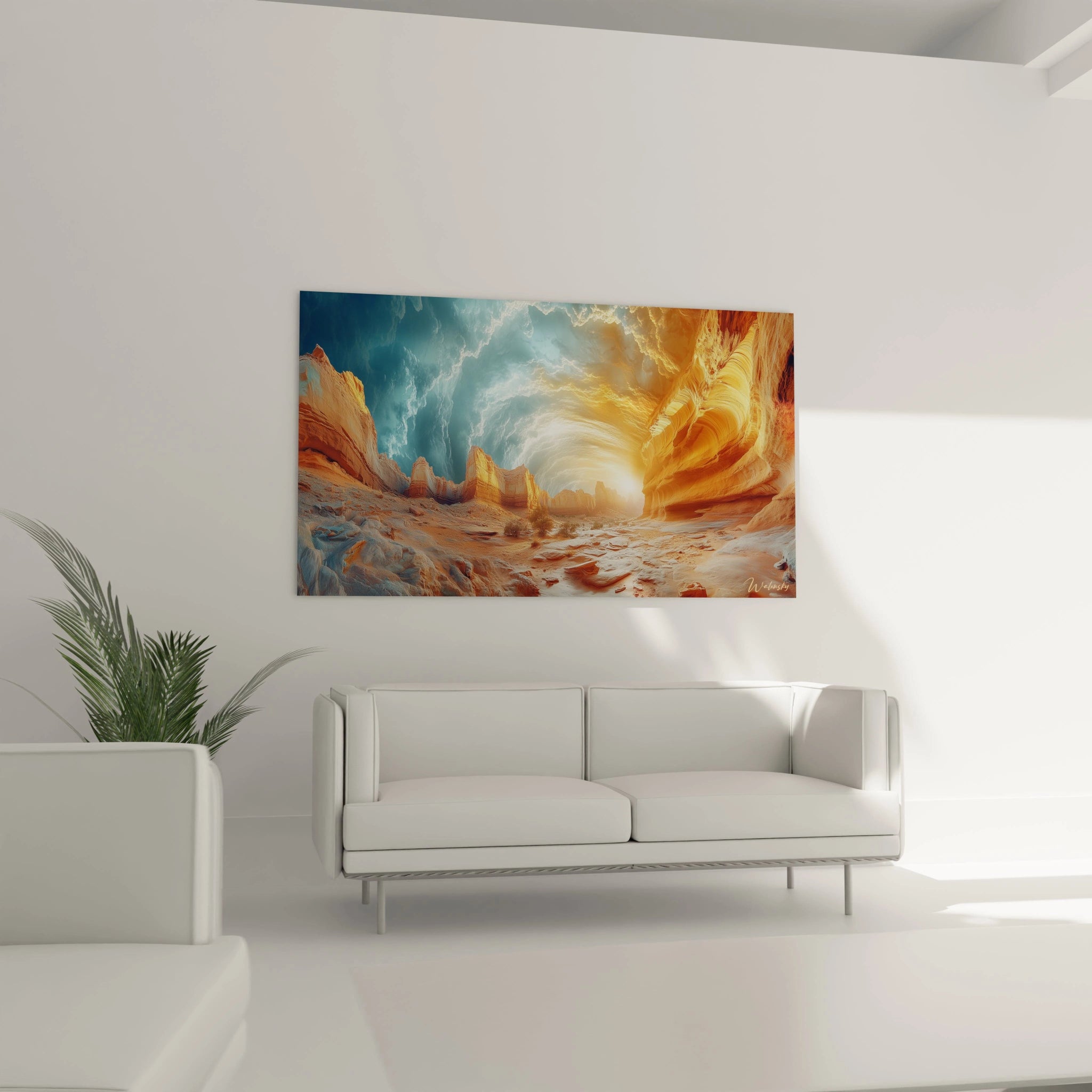 Tableau paysage désertique avec rochers monumentaux orange, sable beige en premier plan, ciel bleu contrasté et source lumineuse centrale créant des effets de relief