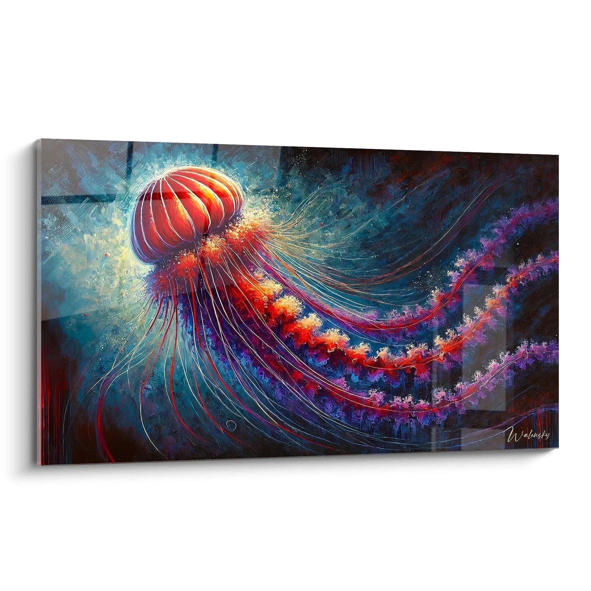 Ce tableau méduse attire l'œil avec ses couleurs vibrantes et ses tentacules fluides. Une œuvre captivante qui illumine votre décor.