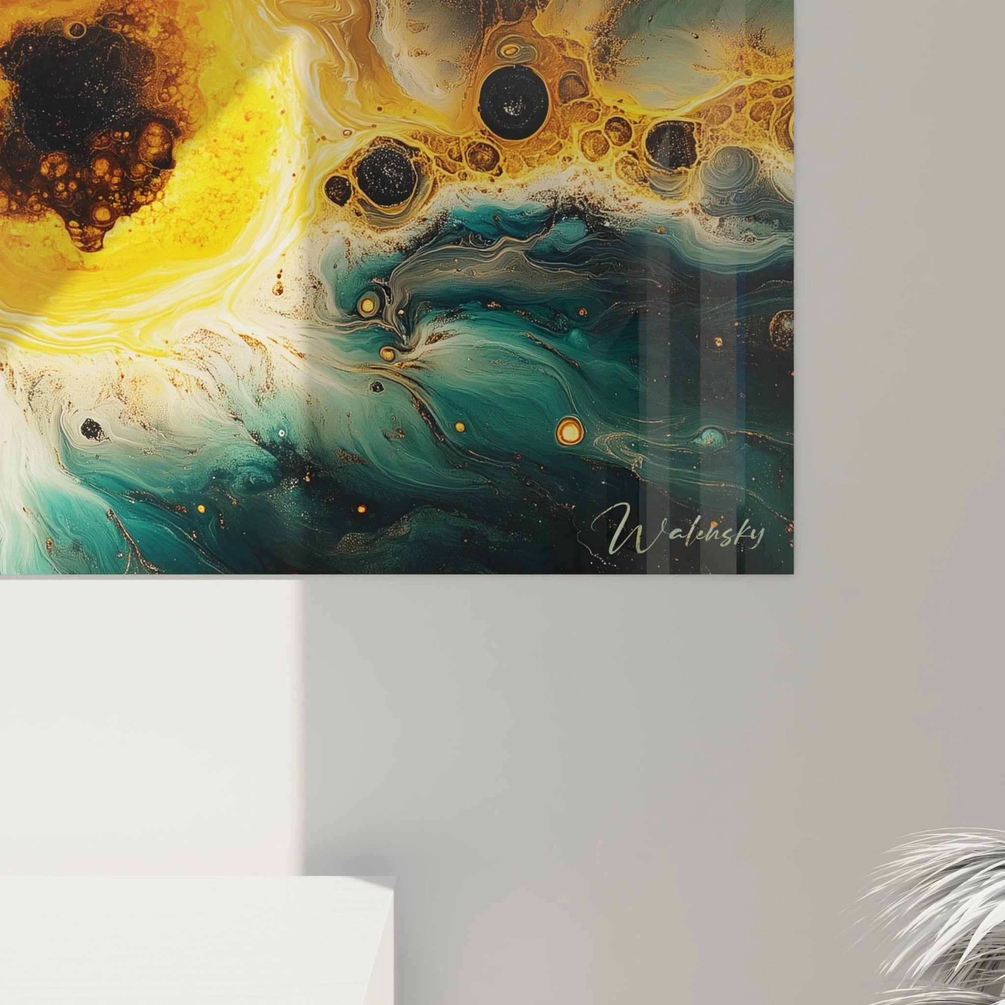 Tableau expressionniste abstrait de Walensky avec des motifs fluides en jaune et turquoise