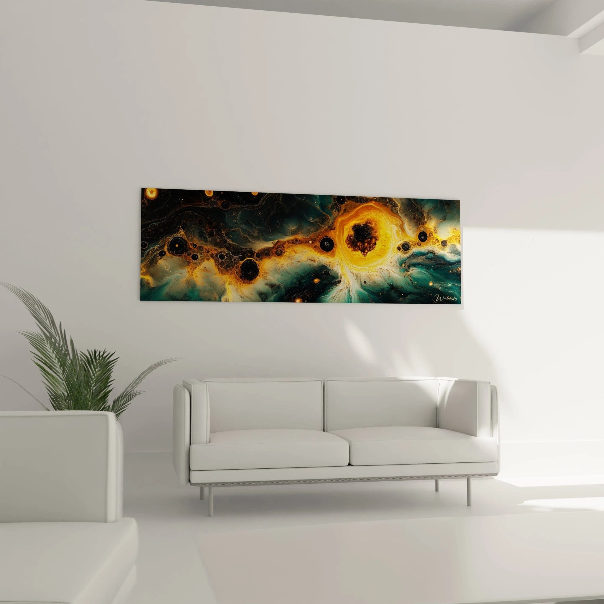 Tableau expressionniste abstrait de Walensky avec des nuances de noir et d'or pour un décor moderne