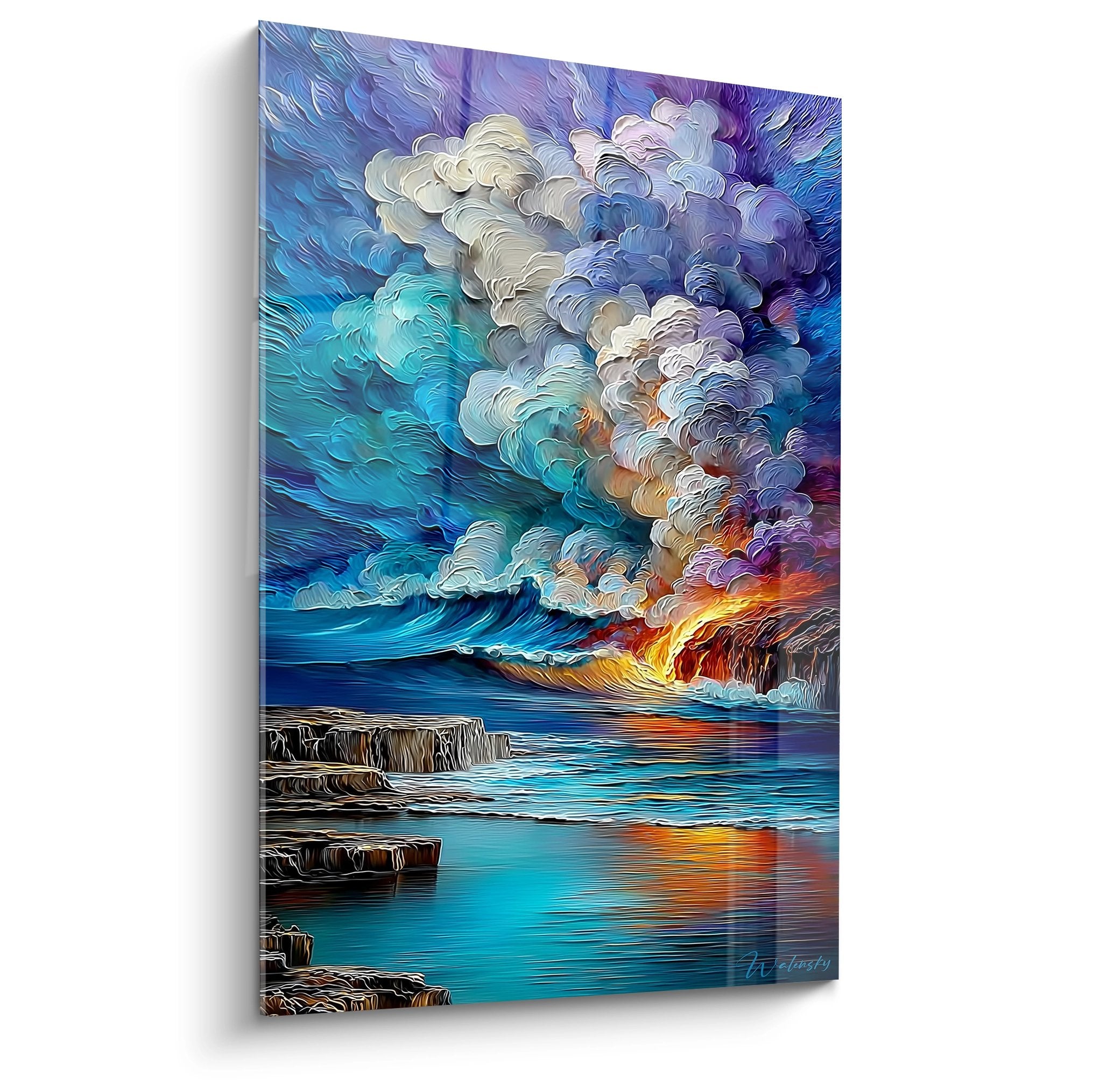 Tableau mural éruption volcanique marine avec panache fumée coloré et reflets océan turquoise