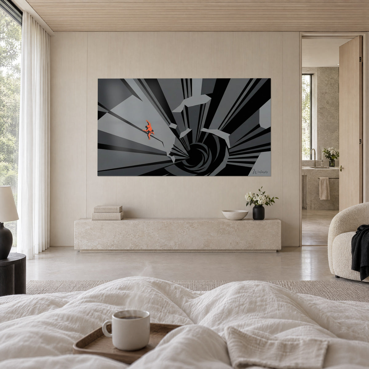 Quadro minuscolo scalatore arancione su creste grigie e nere, abisso a spirale, sopra un letto in una camera luminosa