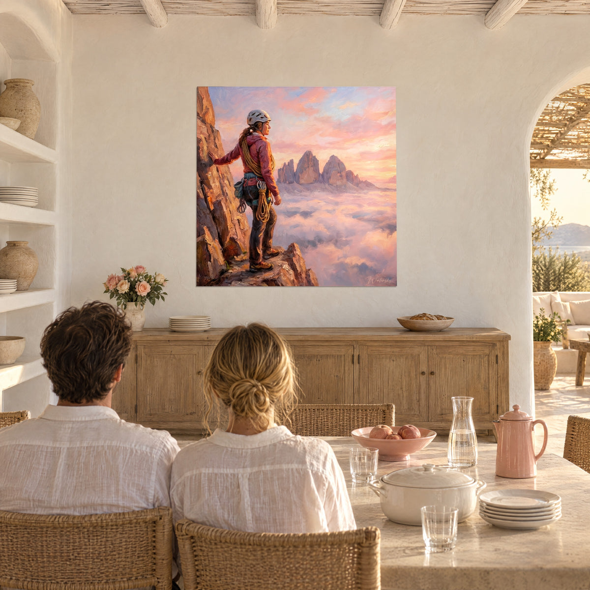 Wall art sporty mountain climber, hand on ochre rock, yellow ropes slung over the shoulder, brown peaks and pink sky in an arched living room