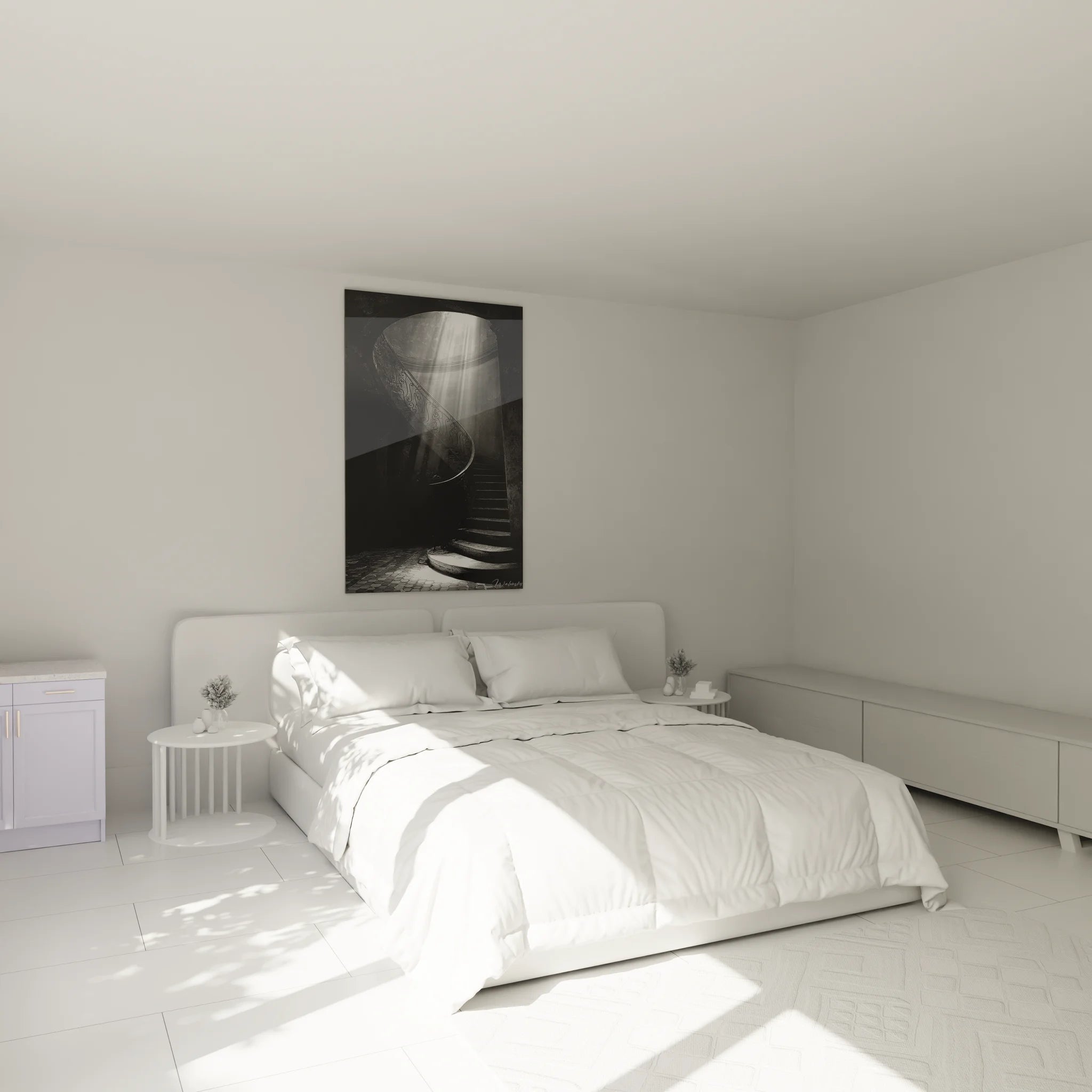 Tableau escalier architectural noir et blanc dans ambiance chambre moderne avec éclairage tamisé
