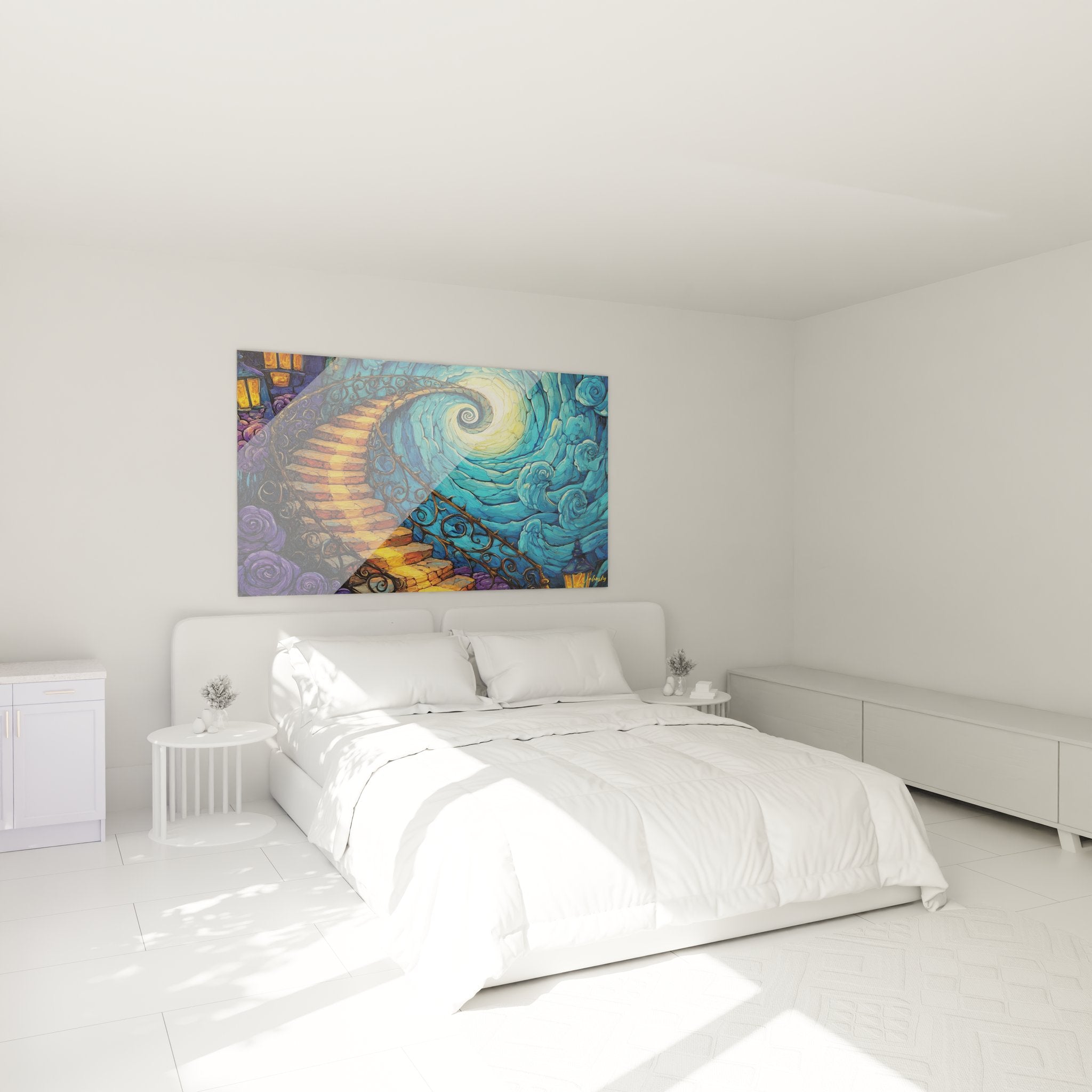 Tableau escalier spirale cosmique décorant une chambre moderne, ambiance mystique turquoise