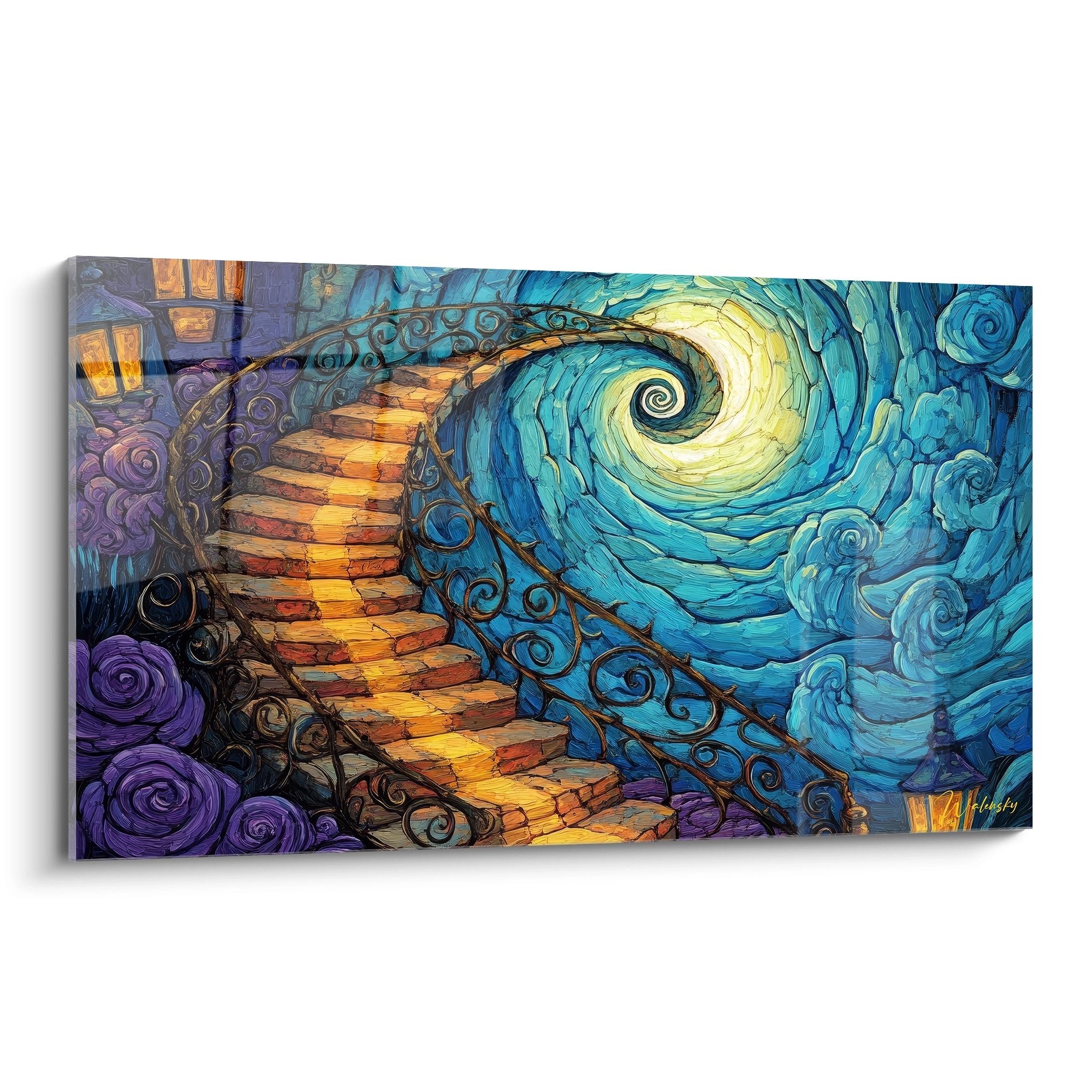 Tableau mural escalier spirale cosmique aux couleurs turquoise et dorées, art abstrait moderne