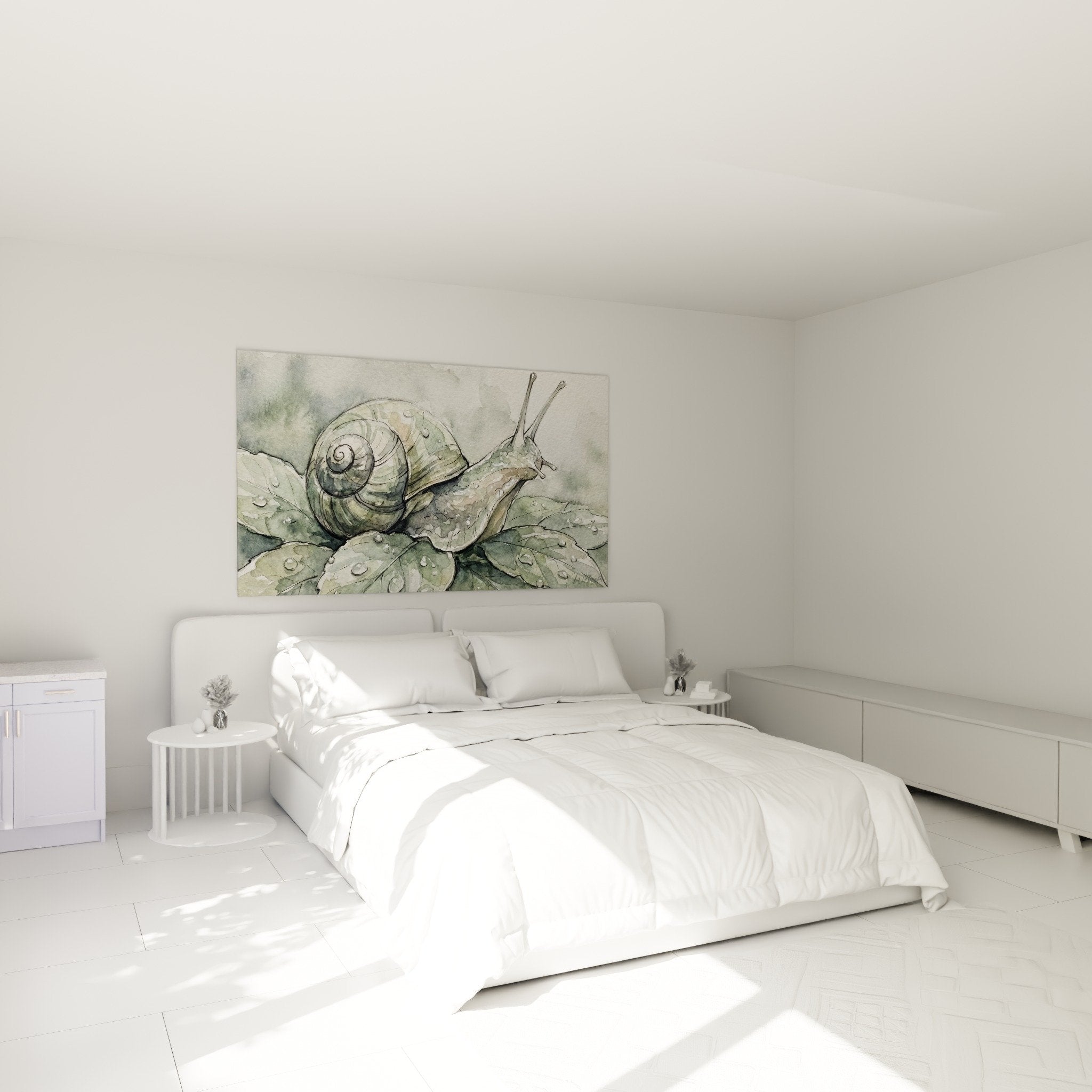 Tableau aquarelle escargot accroché chambre, décoration murale nature verte, ambiance douce et apaisante