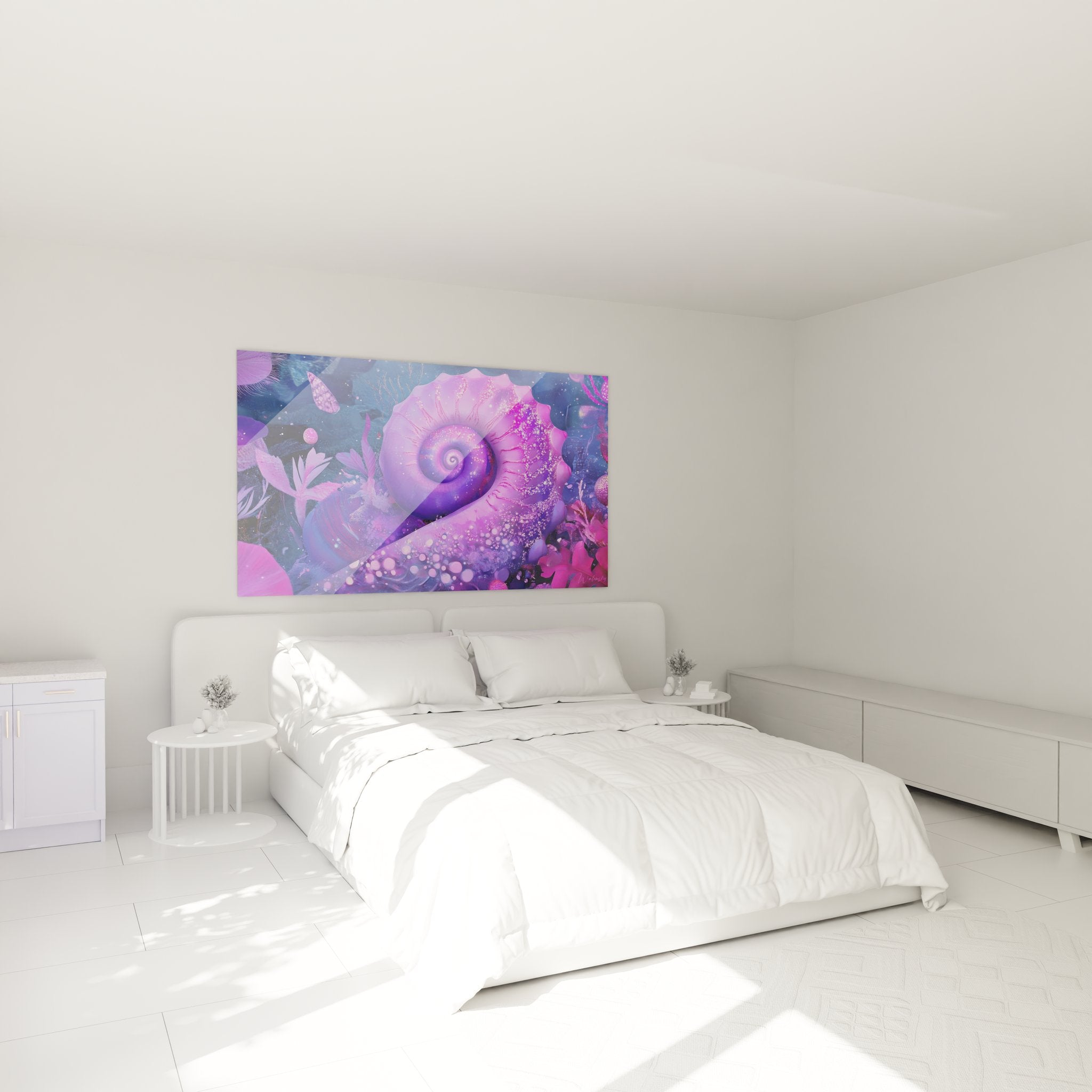 Décoration chambre avec tableau escargot cosmique violet spirale abstrait ambiance moderne relaxante