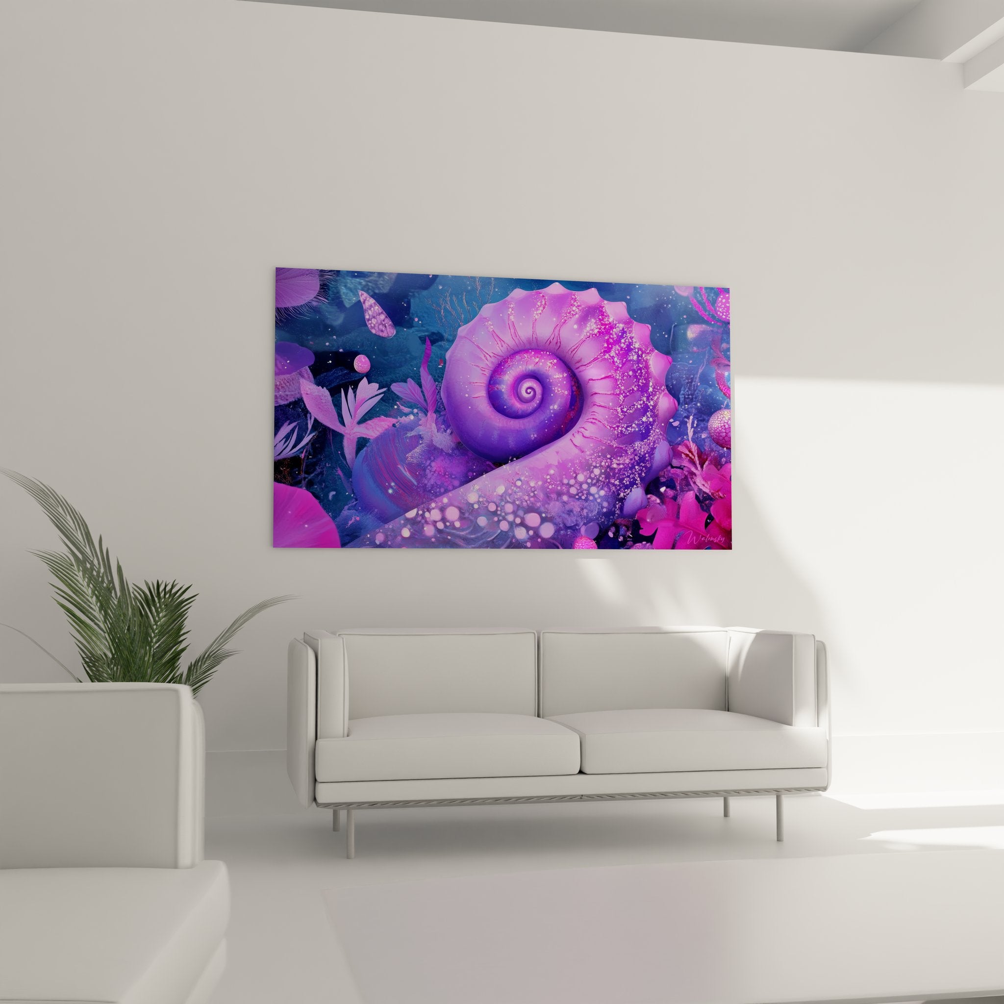 Gros plan détail spirale violette escargot cosmique tableau art abstrait effets stellaires lumineux