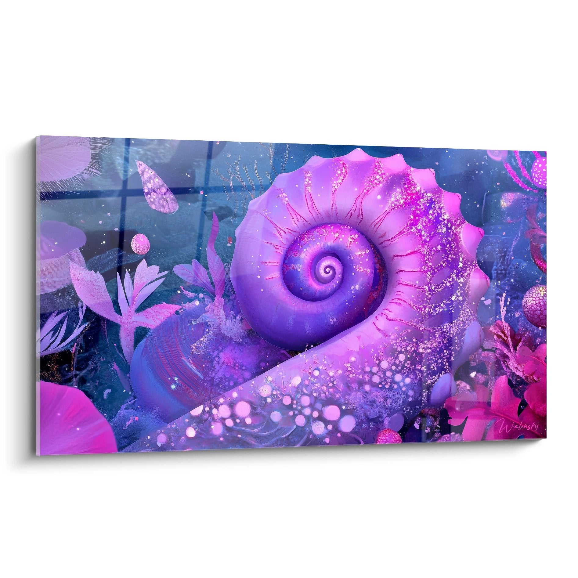 Tableau mural escargot cosmique violet avec spirales abstraites et effets galactiques décoratifs modernes