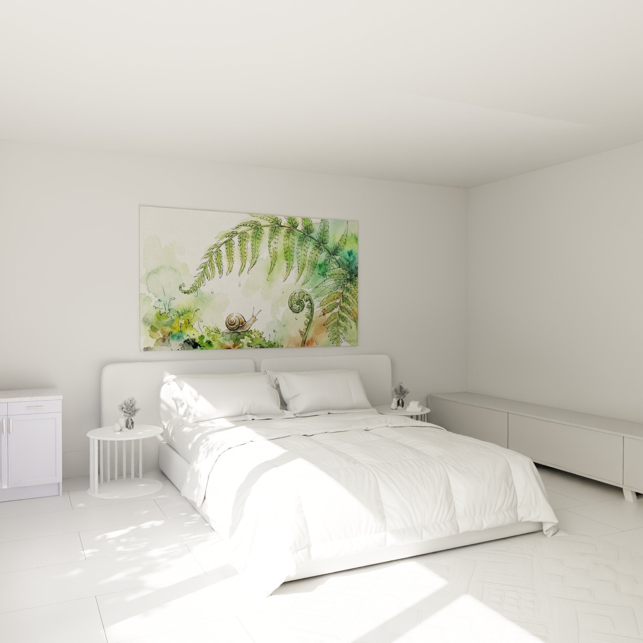 Aquarellgemälde mit Schnecke und Farnen im modernen Schlafzimmer, beruhigende natürliche Wanddekoration