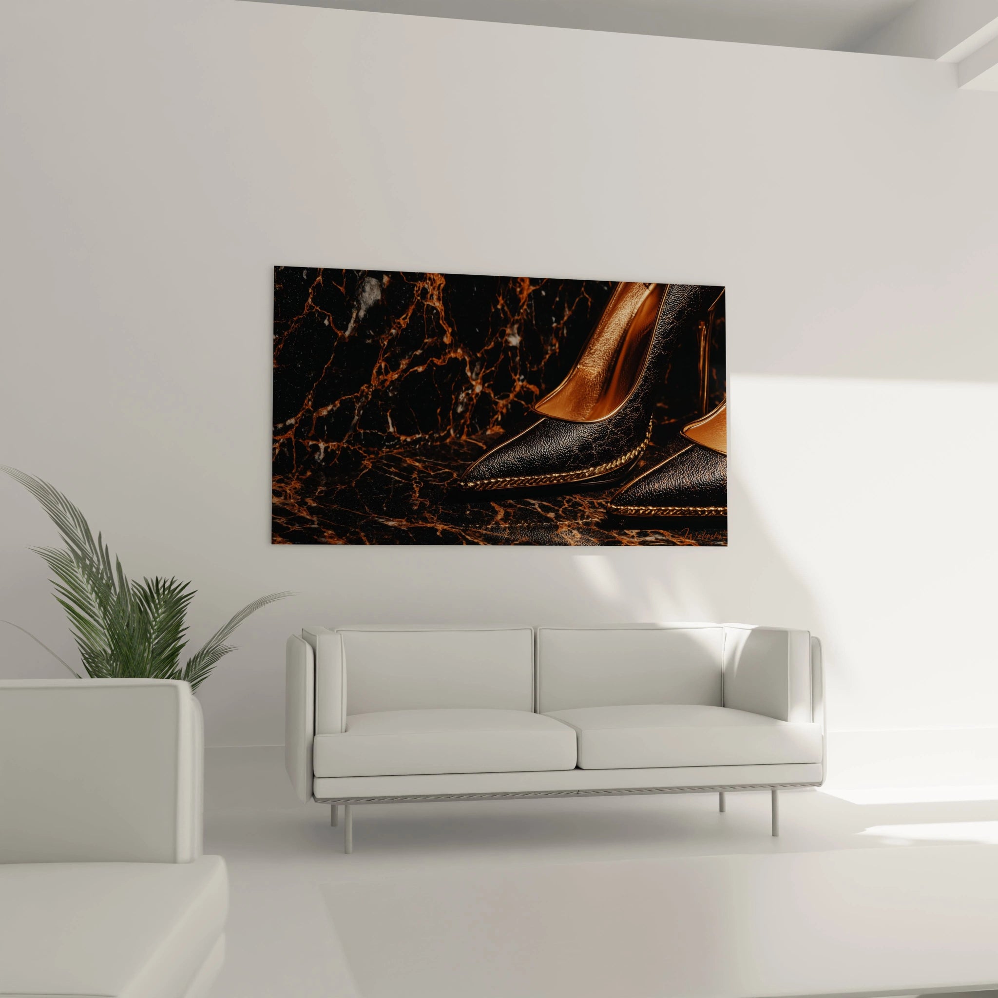 Tableau escarpins dorés sur fond marbré noir, ajoutant une touche élégante à votre décoration intérieure