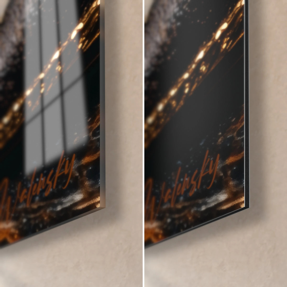 Schilderij met zwarte pumps met gouden rand, rechtsonder: glanzend acrylglas dat het raam weerspiegelt, mat Dibond-aluminium en 3 mm rand
