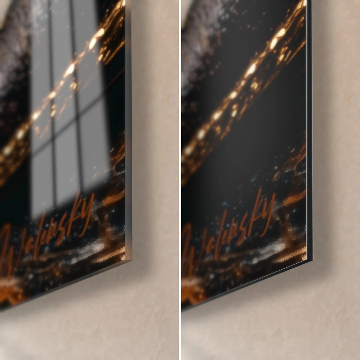 Gemälde mit schwarzen Pumps mit goldenem Rand, untere rechte Ecke: glänzendes Acrylglas, das das Fenster spiegelt, mattes Dibond-Aluminium und 3 mm Kante
