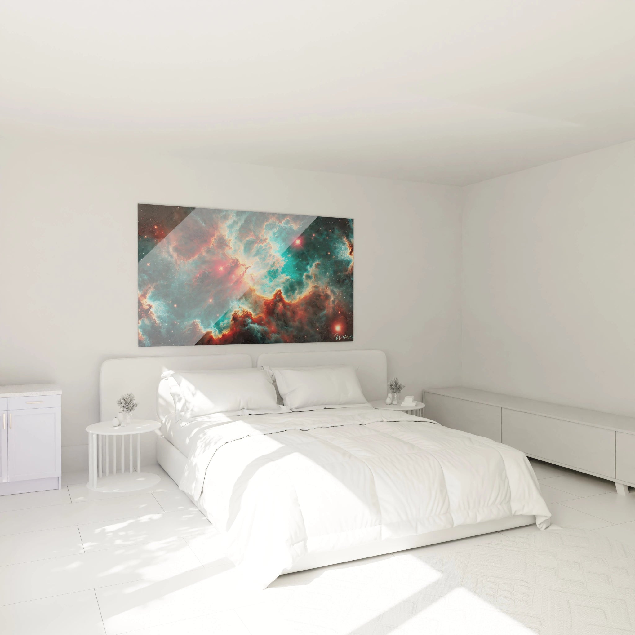 Transformez votre chambre avec ce tableau espace accroché au-dessus du lit, apportant une ambiance sereine et cosmique à votre espace.