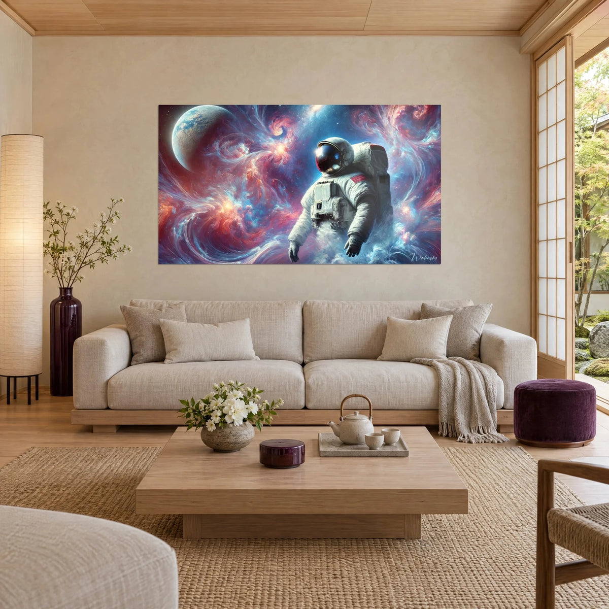 Gemälde Astronaut schwebend in magentafarbenen und kobaltblauen Rauchschwaden, beiger Planet oben links, über einem Sofa in einem hellen Wohnzimmer