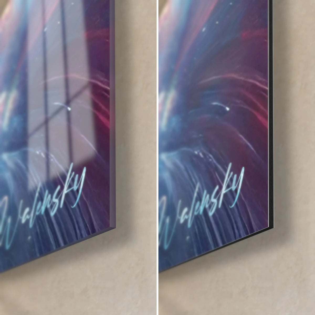 Gemälde Raumfahrer und violetter Nebel, untere rechte Ecke: glänzendes Acrylglas mit Reflexen links, mattschwarzes Dibond rechts, 3 mm Kante