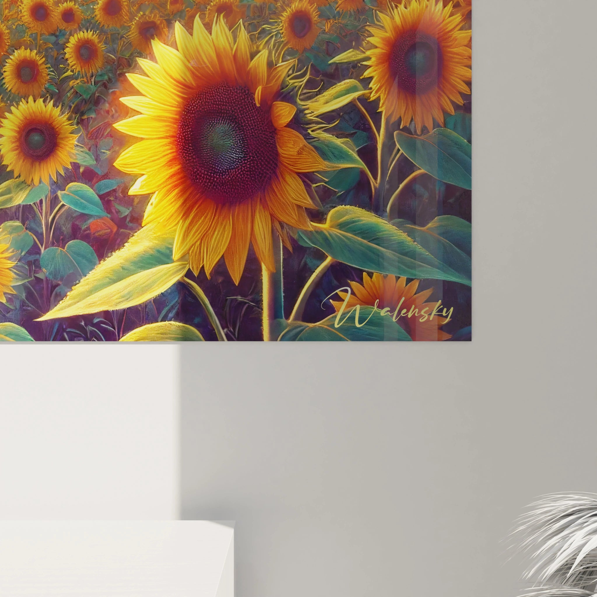 Une vue rapprochée révèle les détails subtils de ce tableau espace. Les dégradés fluides et les contrastes vibrants invitent à un voyage onirique entre rêve et réalité.