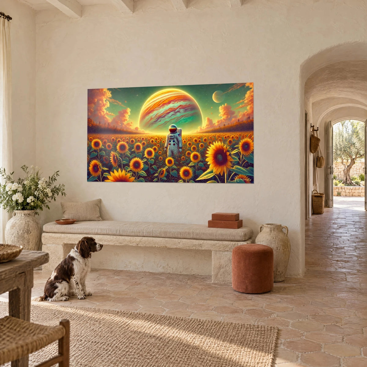 Tableau champ de tournesols éclatants sous une planète rayée de corail et de menthe, vue de trois-quarts dans un mas provençal, spaniel assis