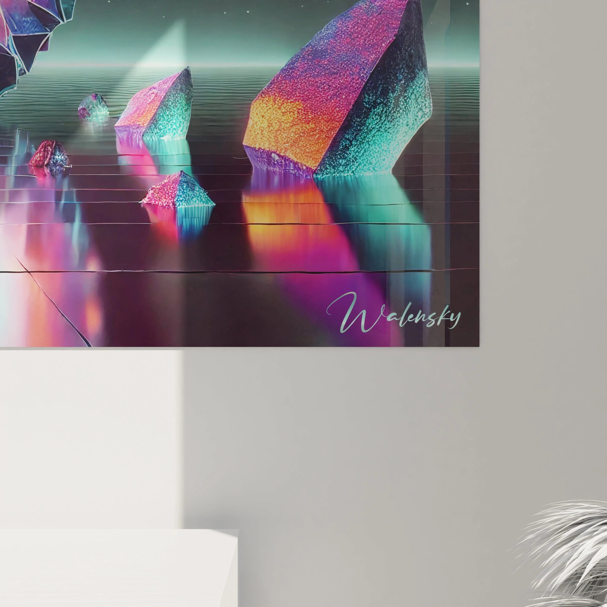 Découvrez de près la finesse des détails de ce tableau espace : cristaux lumineux, tons vibrants, et une atmosphère qui invite à l'évasion dans l'univers.