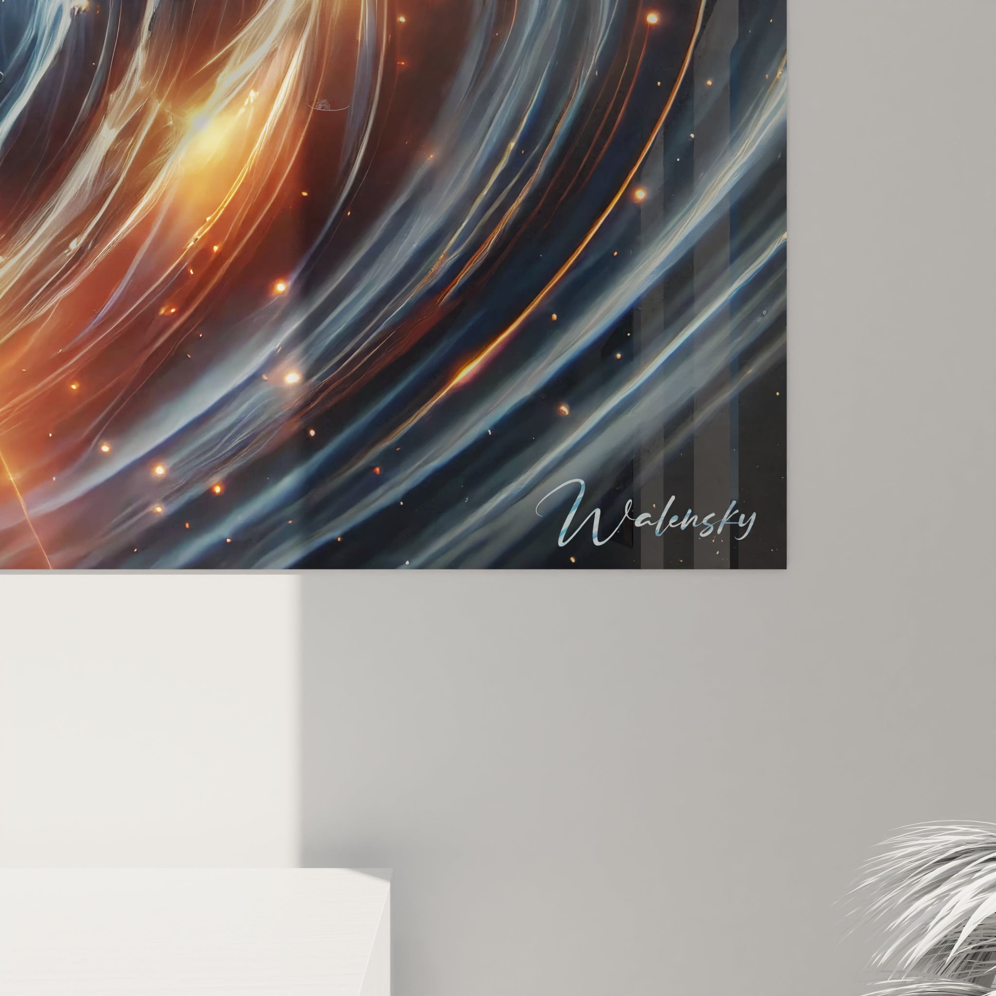 Une vue rapprochée de ce tableau espace révèle des détails vibrants et dynamiques, un hommage à l'énergie et à la beauté de l'univers.