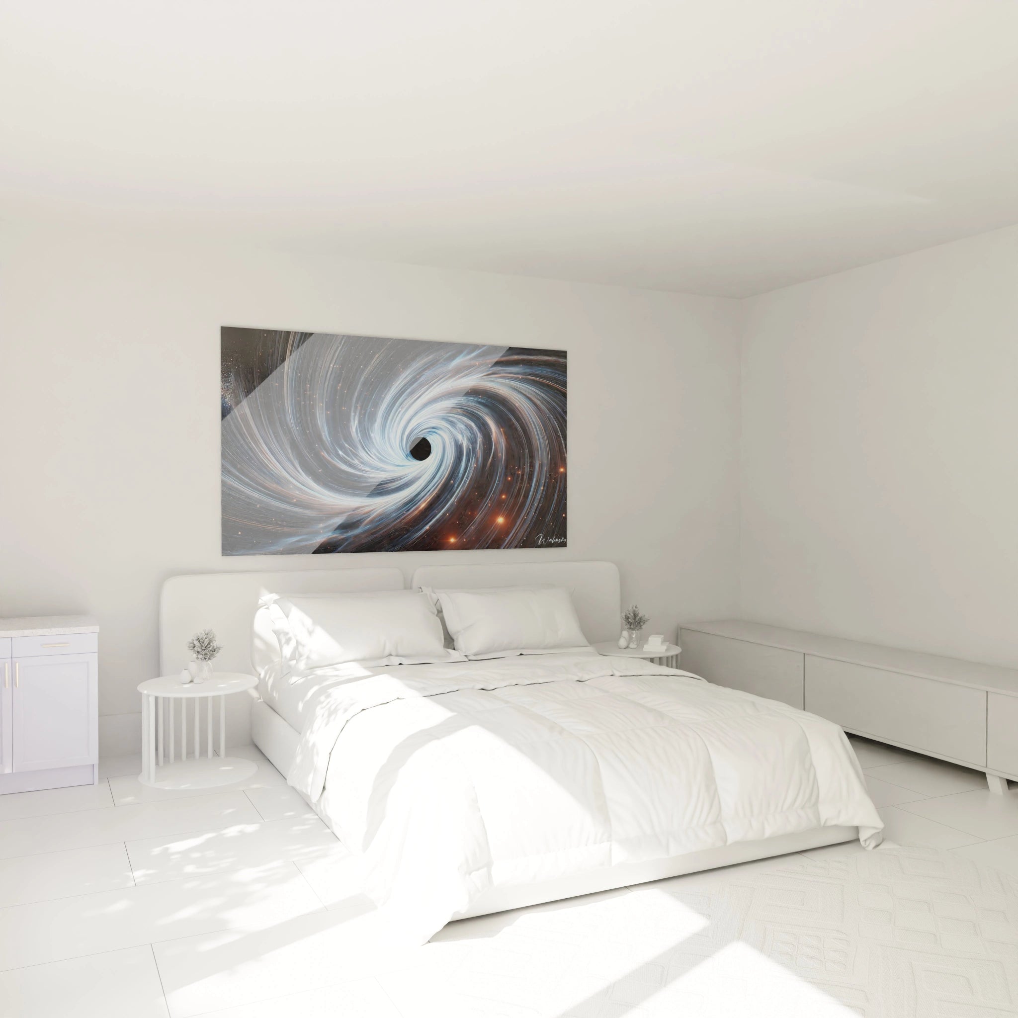 Dans une chambre, tableau espace suspendu au-dessus du lit. Les teintes profondes et tourbillonnantes insufflent sérénité et mystère pour un espace propice à la méditation.