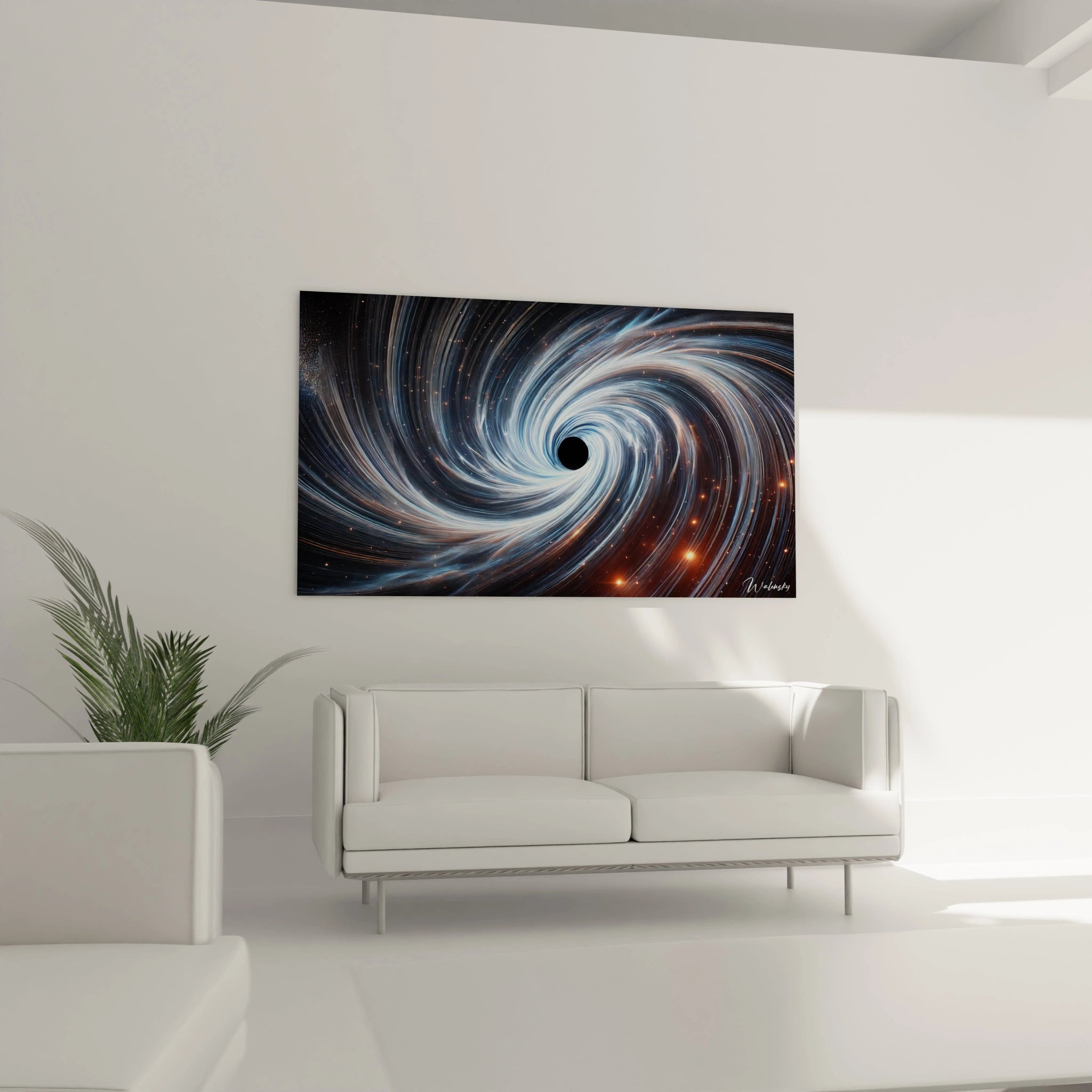 tableau espace au-dessus d'un canapé dans un salon moderne. Ses spirales galactiques et reflets argentés créent une ambiance cosmique et attirent tous les regards.