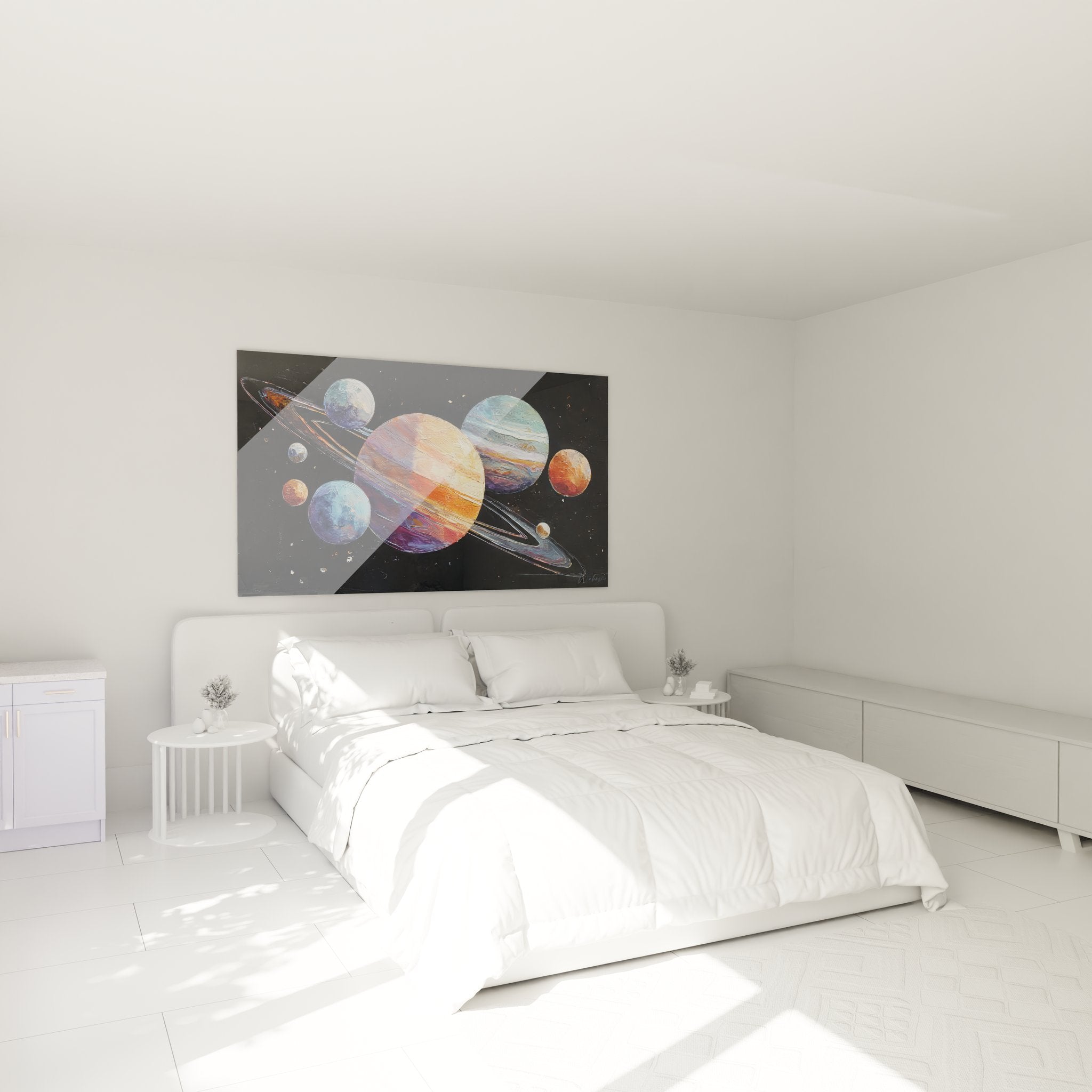 Tableau système solaire coloré décorant une chambre moderne avec planètes artistiques