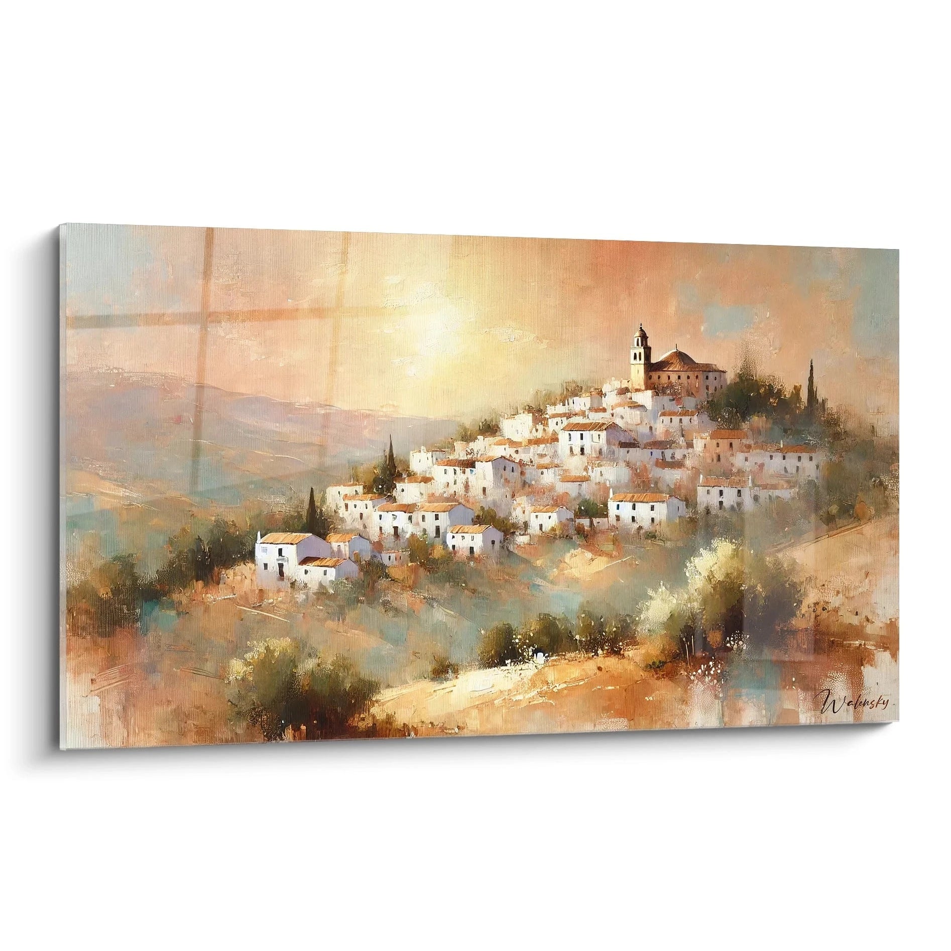 Vue de biais du tableau Espagne avec des collines dorées et un coucher de soleil méditerranéen. Teintes orange, beige et blanc recréant la lumière des villages andalous et leurs maisons blanches.