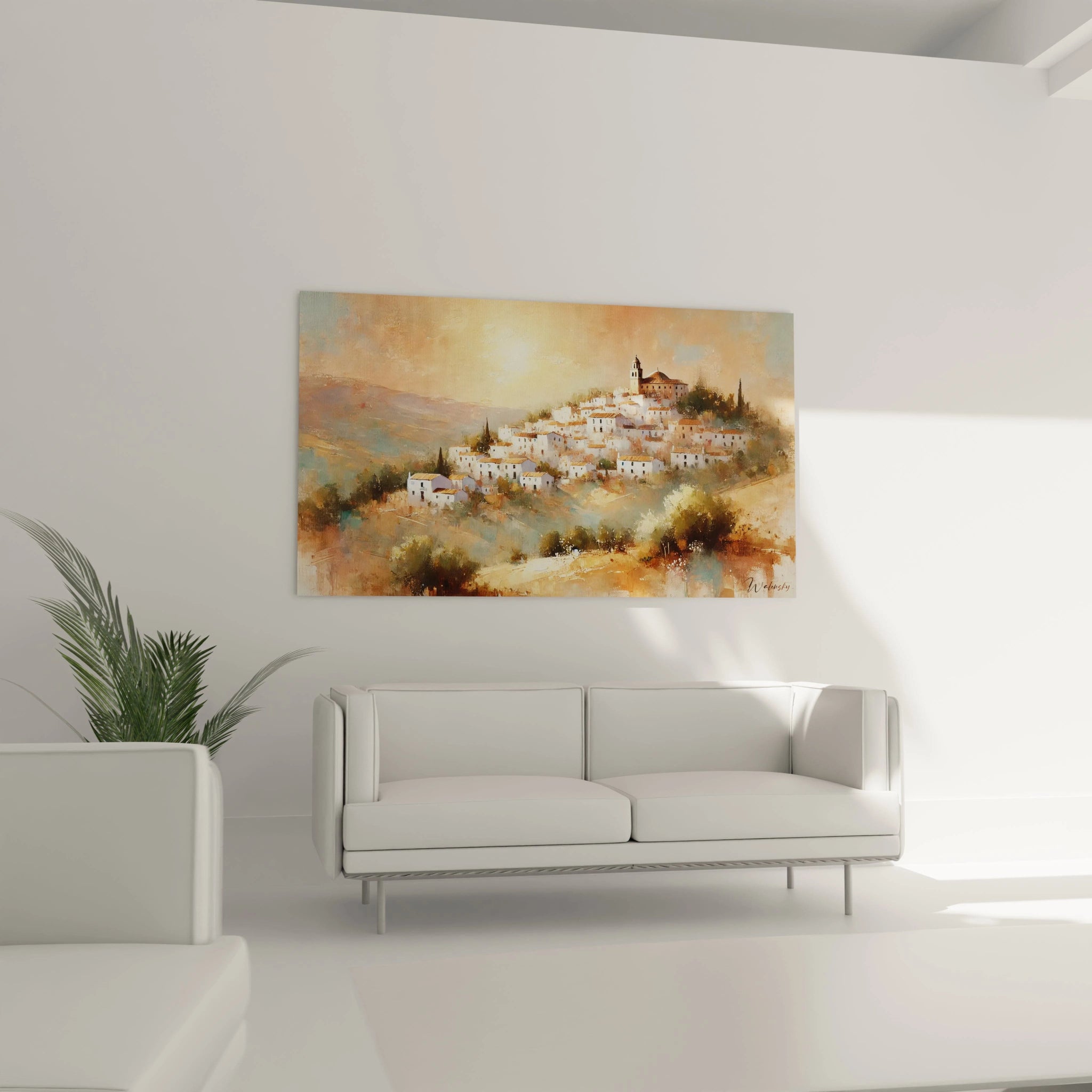 Accroché au-dessus d’un canapé dans un salon, le tableau Espagne illumine la pièce avec des tons beige, orange et blanc. Paysage méditerranéen et ambiance douce des soirées estivales.
