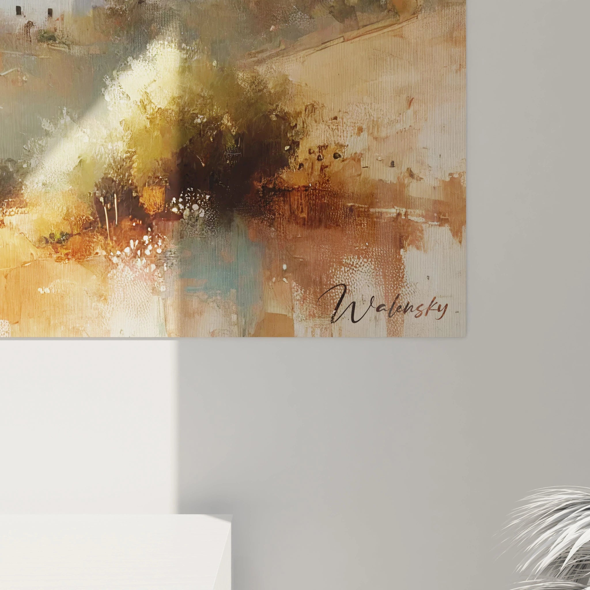 Vue rapprochée d’un tableau Espagne révélant des textures impressionnistes subtiles. Jeux de lumière dorée et teintes naturelles rappelant la chaleur des paysages méditerranéens.