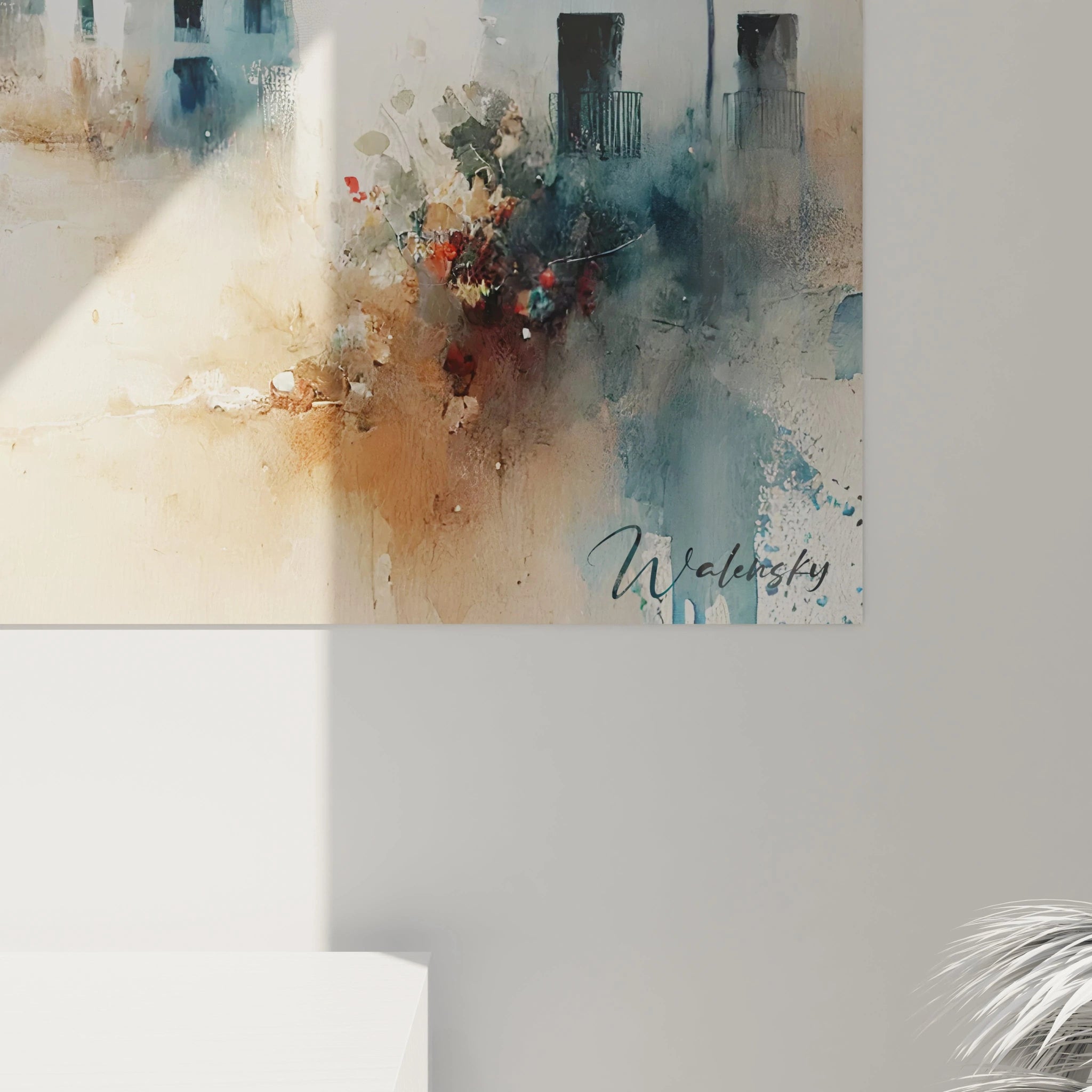 vue rapprochée tableau espagne détails des textures impressionnistes brume marine délicate couleurs fusionnées bleu blanc beige captures l’atmosphère sereine des villages côtiers lumière douce et éthérée