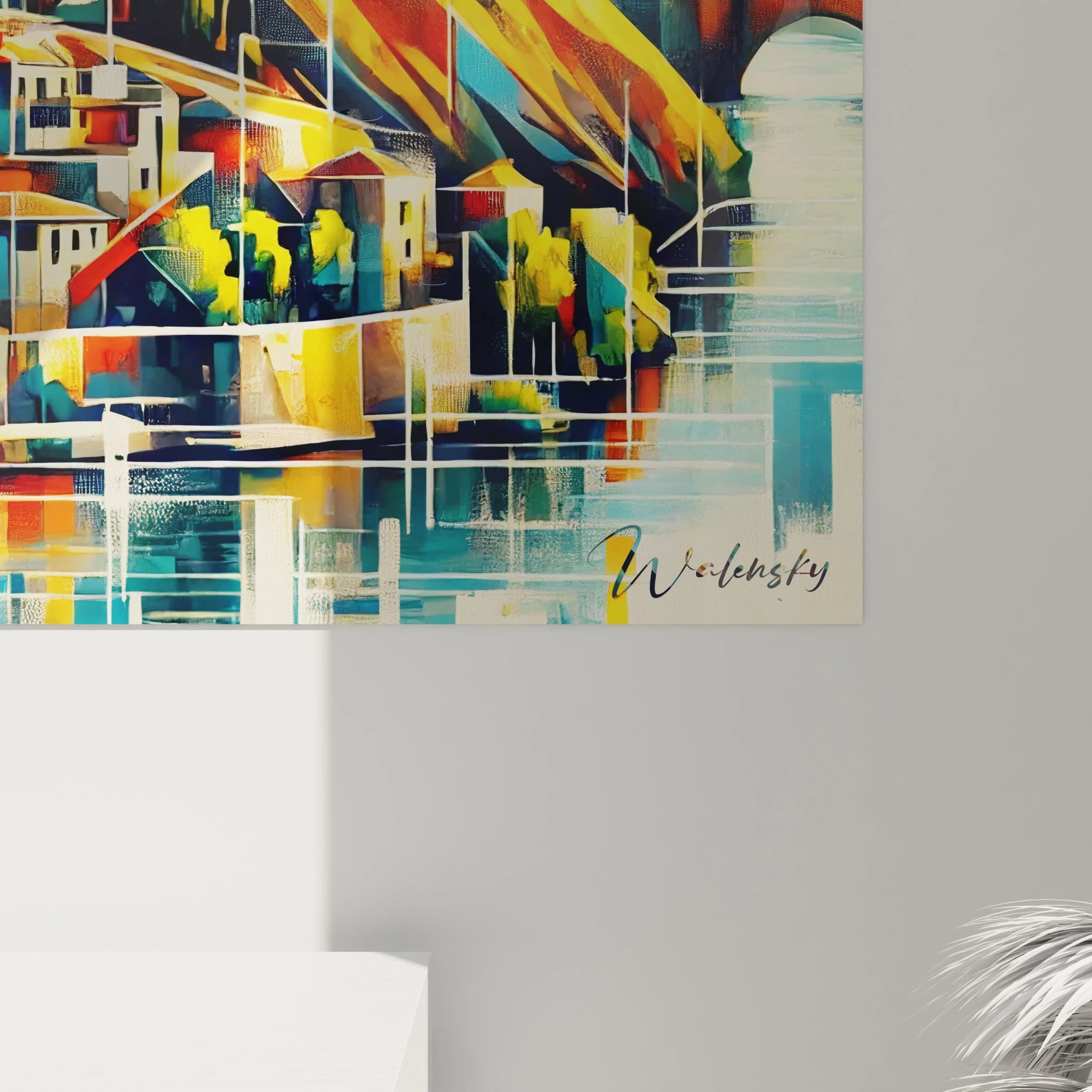 vue de près du tableau espagne mettant en valeur textures douces couleurs jaune et bleu contrastes cubistes inspirés de Tolède riche en détails architecturaux et en énergie méditerranéenne