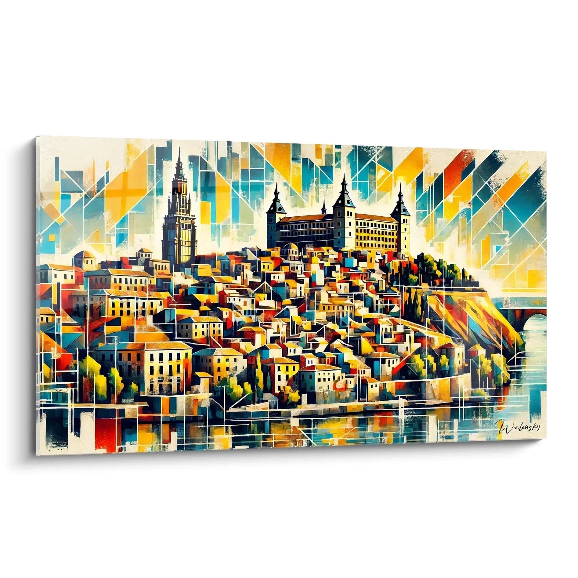 tableau espagne vu de biais aux formes géométriques cubistes couleurs jaune bleu orange vibrant avec détails architecturaux évoquant Tolède idéal pour une décoration moderne et chaleureuse