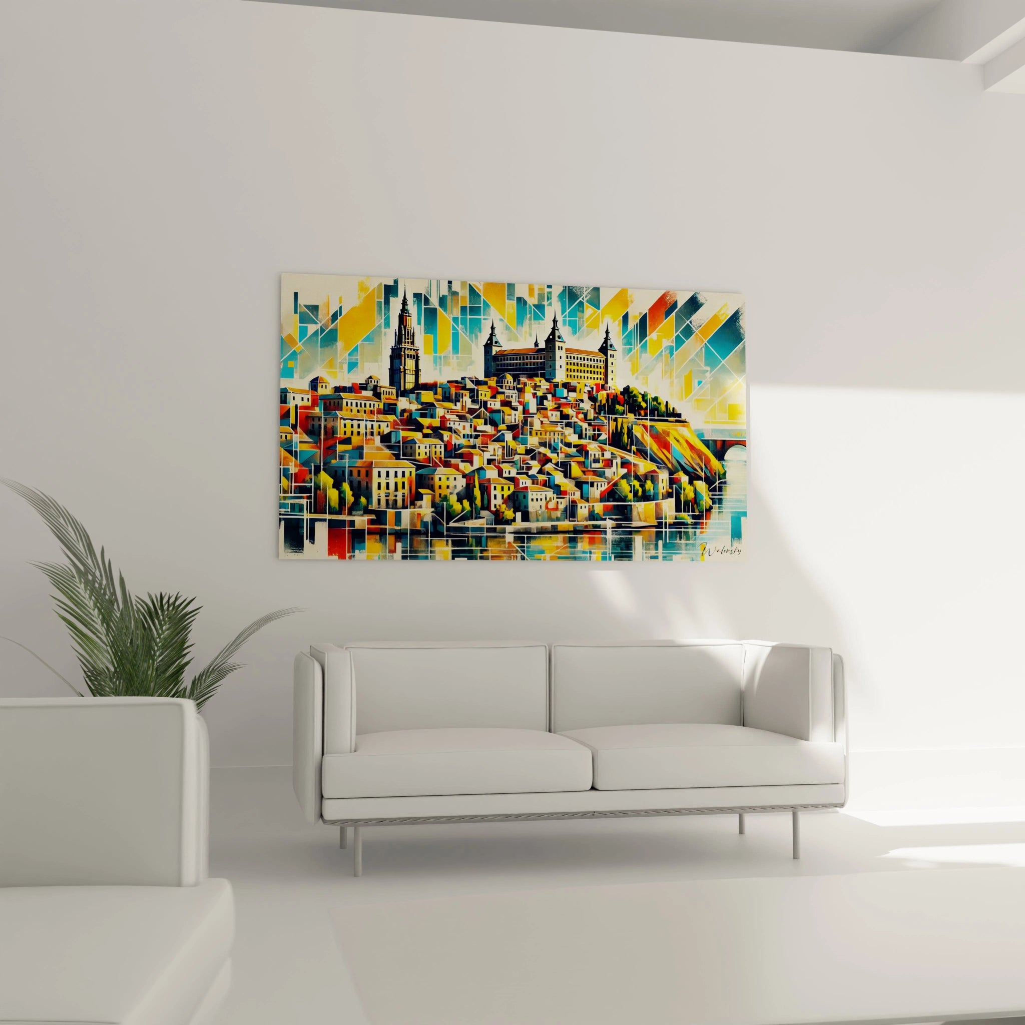 tableau espagne accroché au mur dans un salon au-dessus d’un canapé couleurs vibrantes jaune bleu et orange architecture espagnole formes angulaires cubistes effet dynamique et élégant