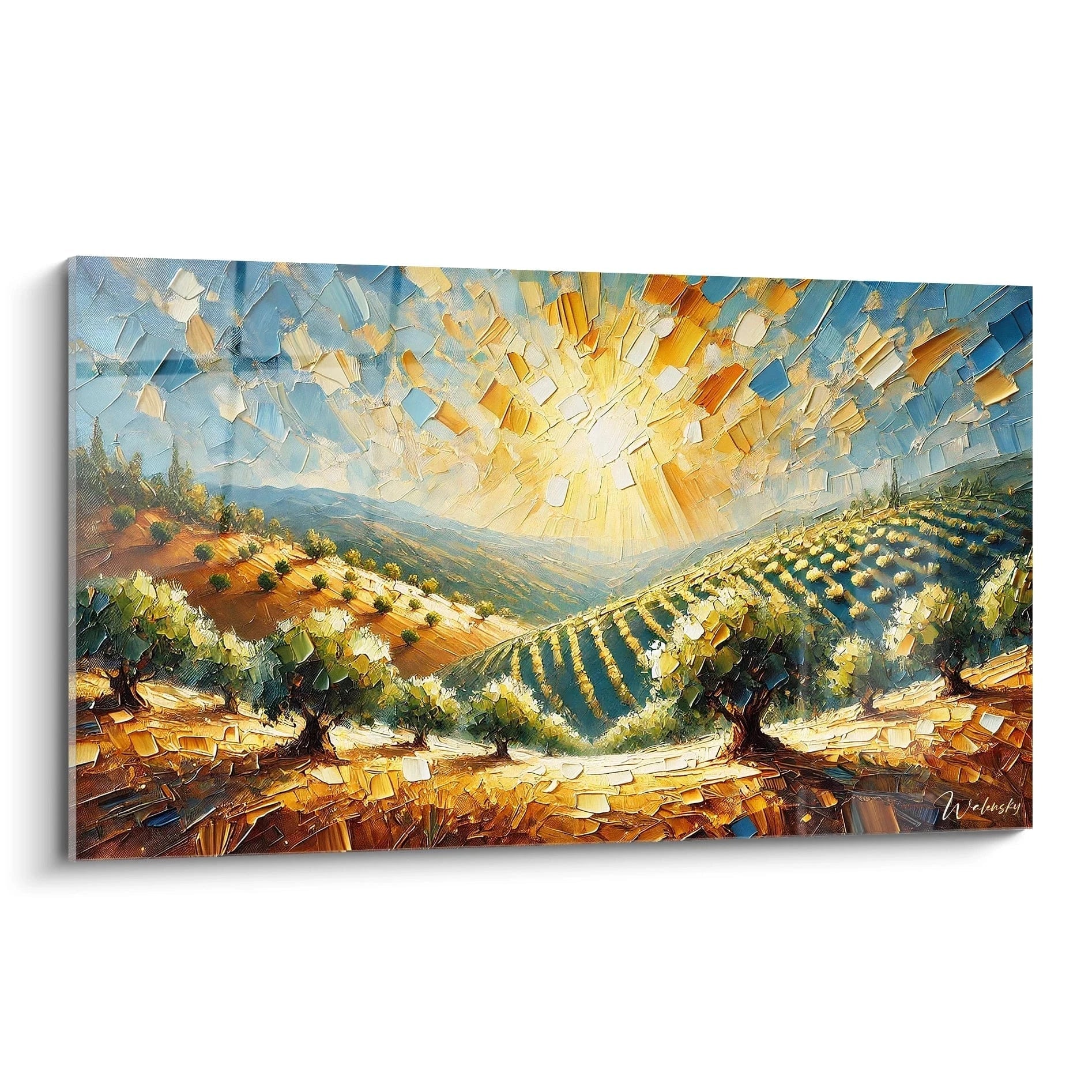 tableau espagne vu de biais illuminant une lumière dorée sur des collines texturées dans des tons jaune vert et bleu pour une ambiance méditerranéenne apaisante et vibrante