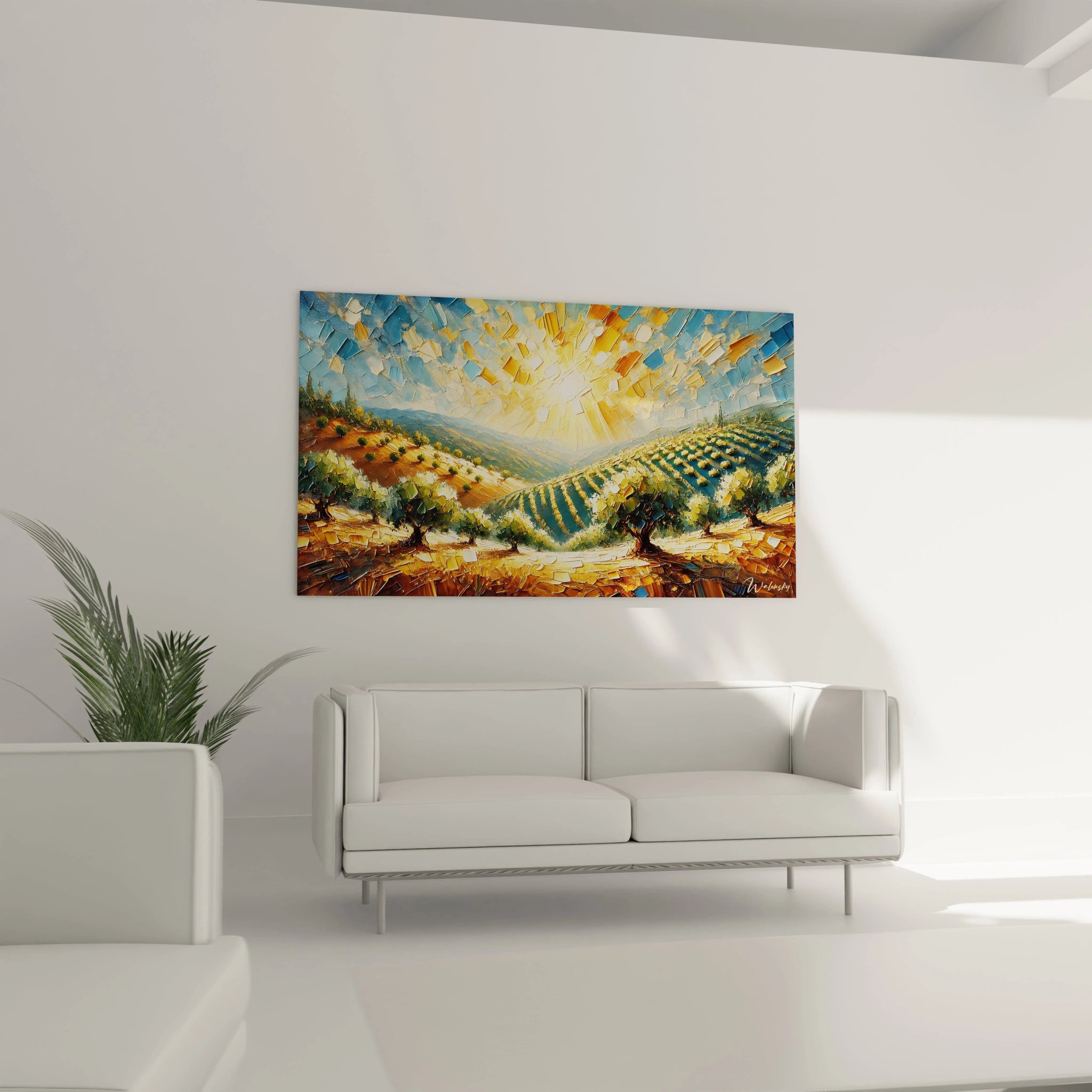 tableau espagne au-dessus d’un canapé dans un salon capturant la beauté des paysages espagnols avec des textures en relief et des couleurs lumineuses rappelant les champs dorés et les cieux clairs