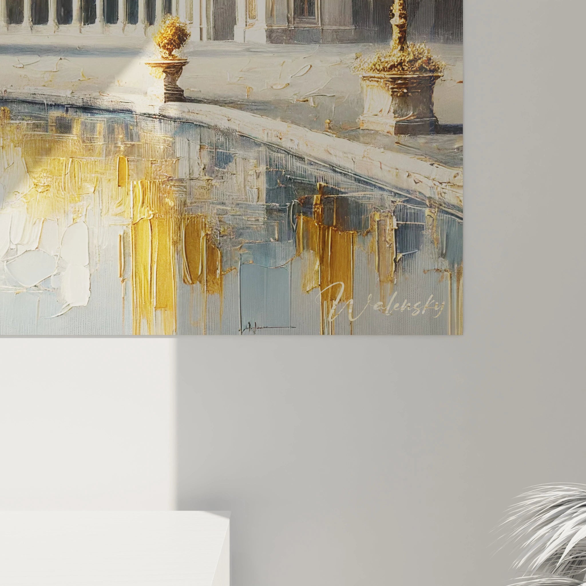 vue de près tableau espagne détails en relief textures riches or blanc bleu capturant lumière et harmonie architecturale