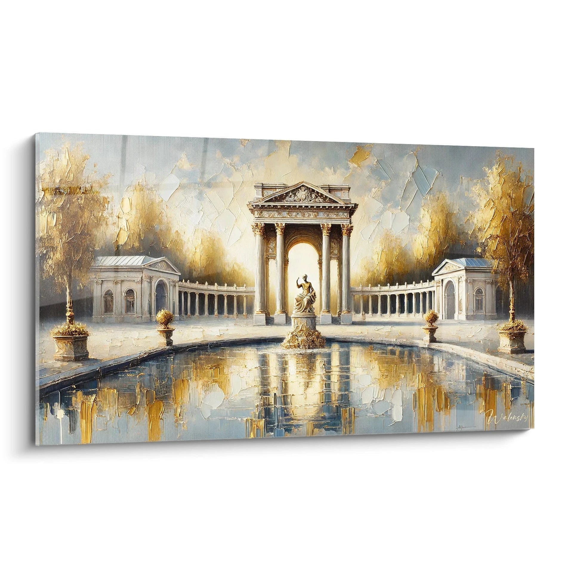 tableau espagne vu de biais avec ses reflets dorés et bleutés jeu de symétrie et détails majestueux sublimés par la lumière