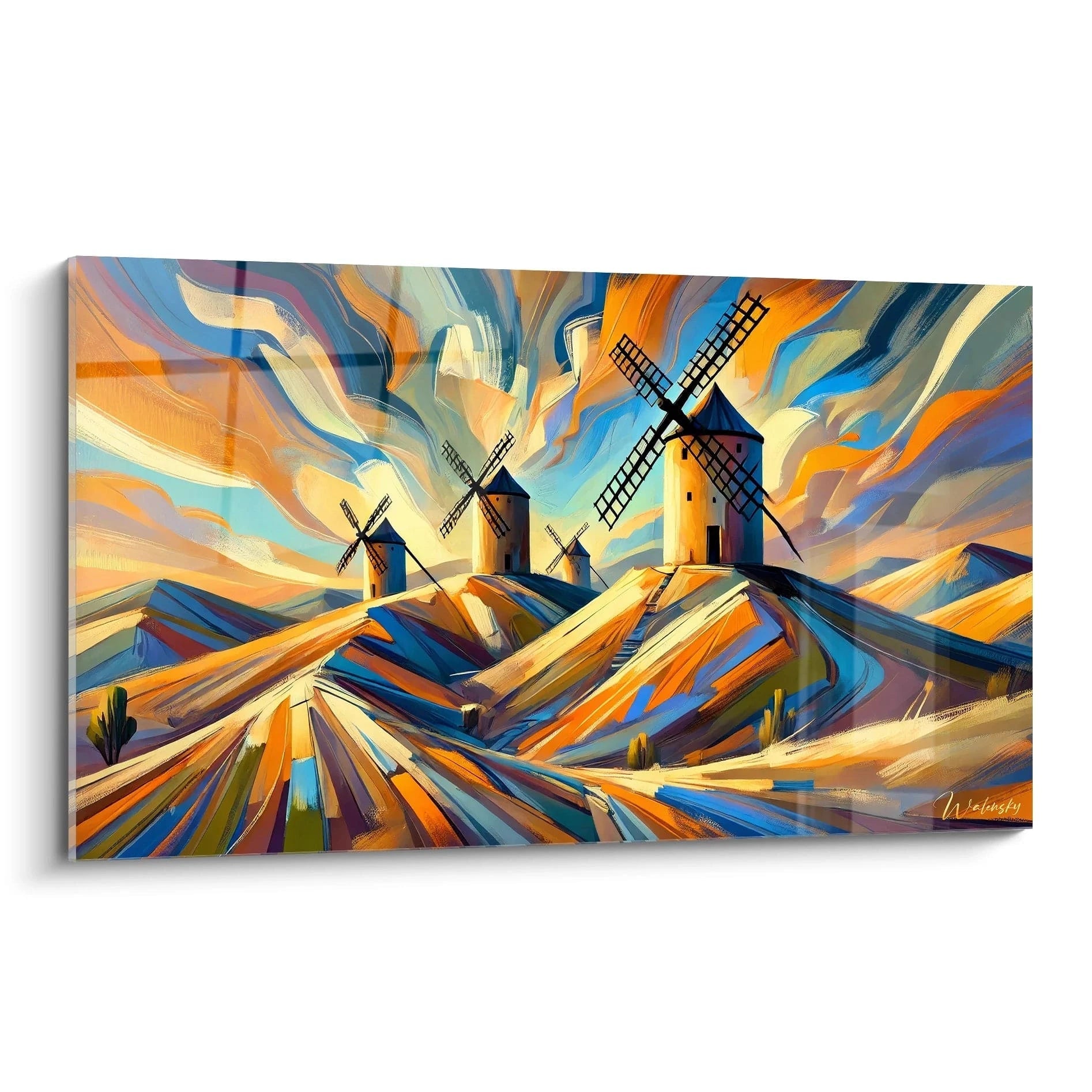 tableau espagnol vu de biais couleurs vibrantes orange bleu jaune moulins a vent collines ondulantes inspiration cervantes paysage poetique et historique