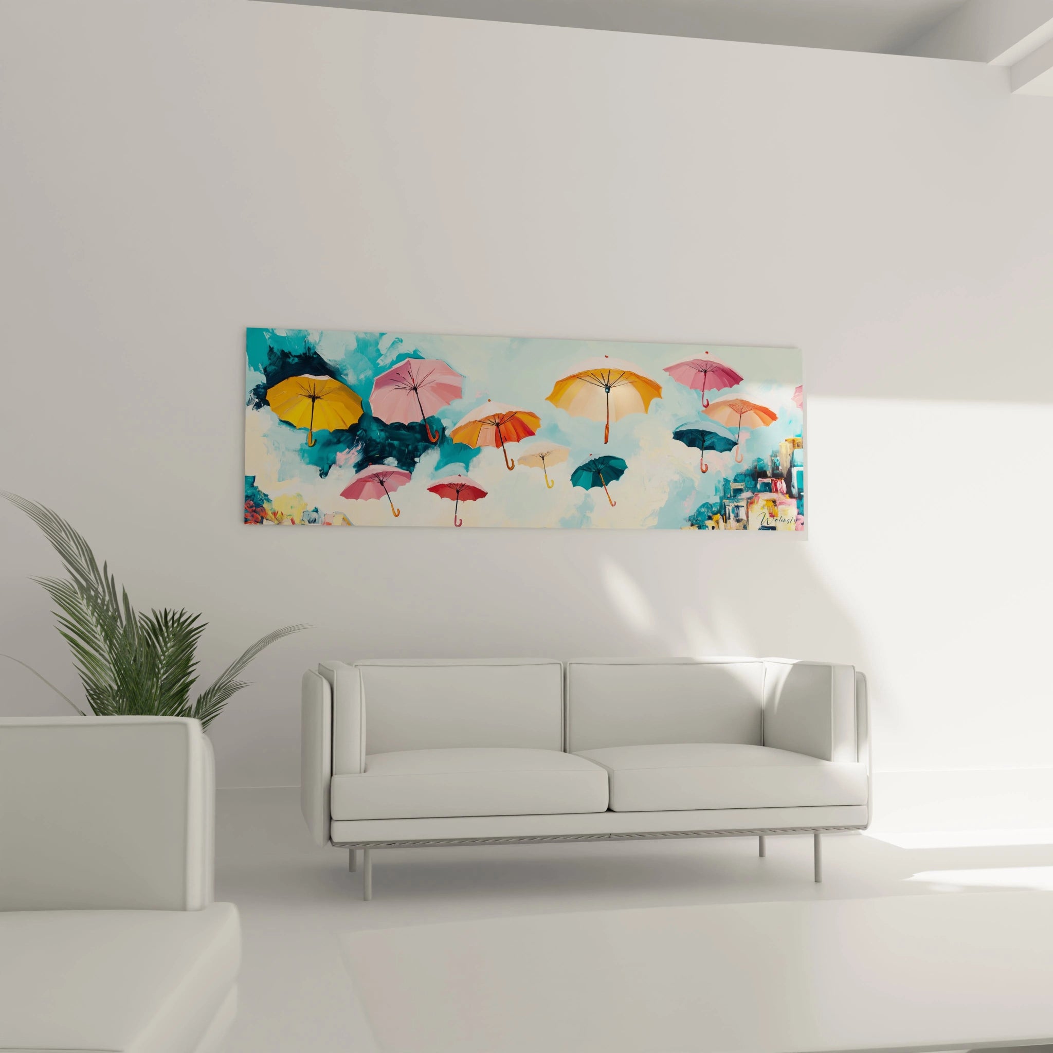 Tableau abstrait multicolore représentant des parapluies flottants dans une pièce moderne