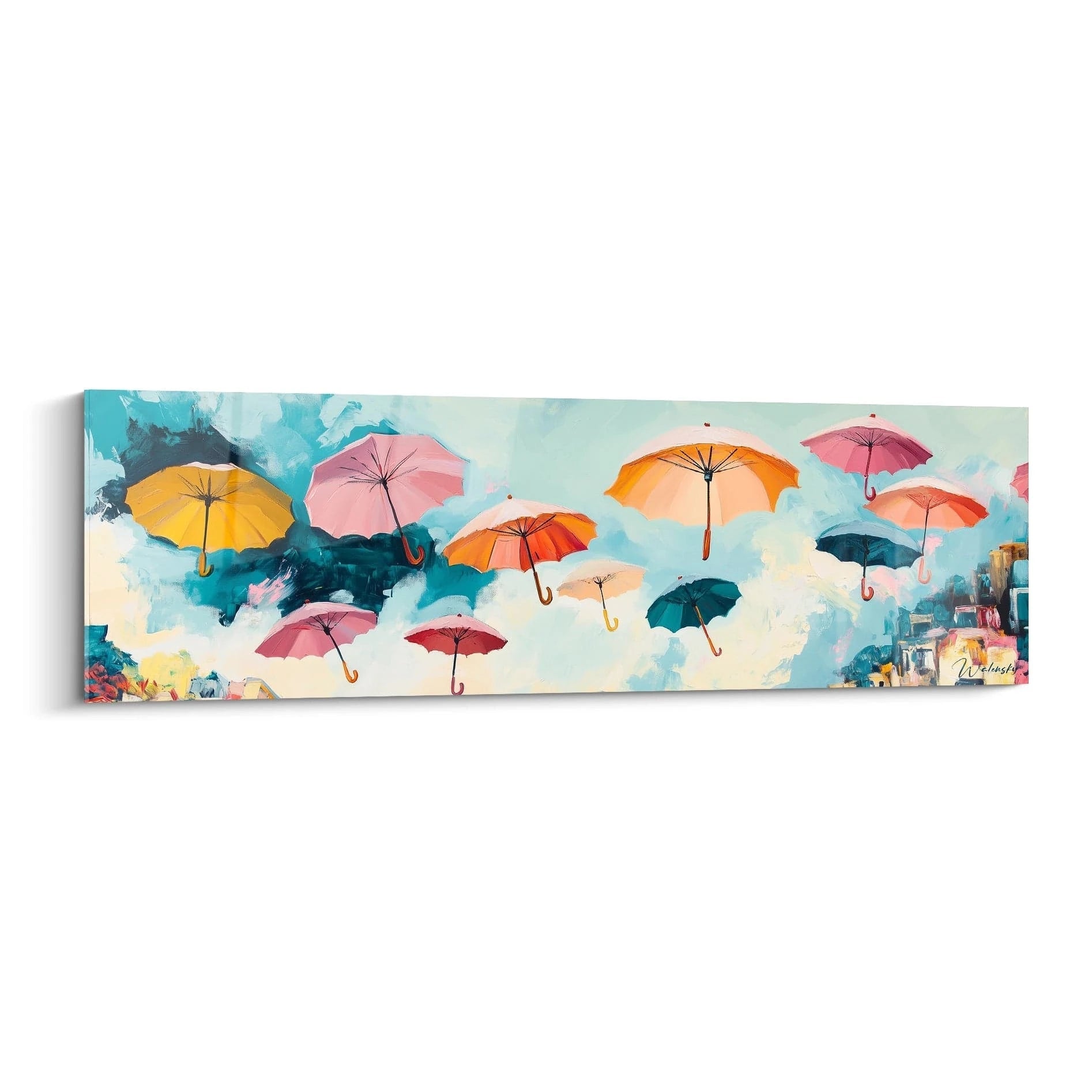 Tableau abstrait multicolore avec des parapluies flottants sur fond bleu, de Walensky