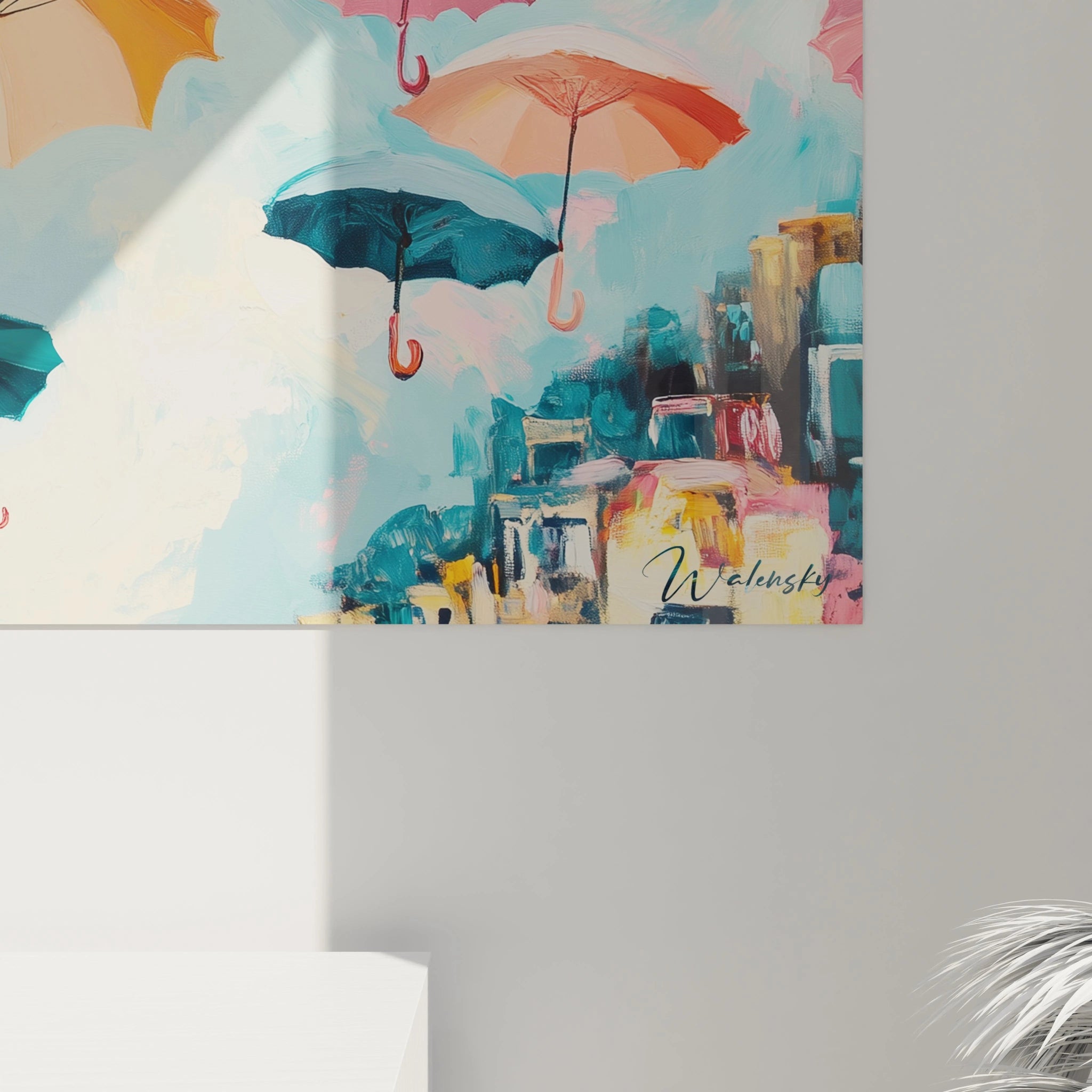 Tableau multicolore abstrait de parapluies suspendus au-dessus d'une ville par Walensky