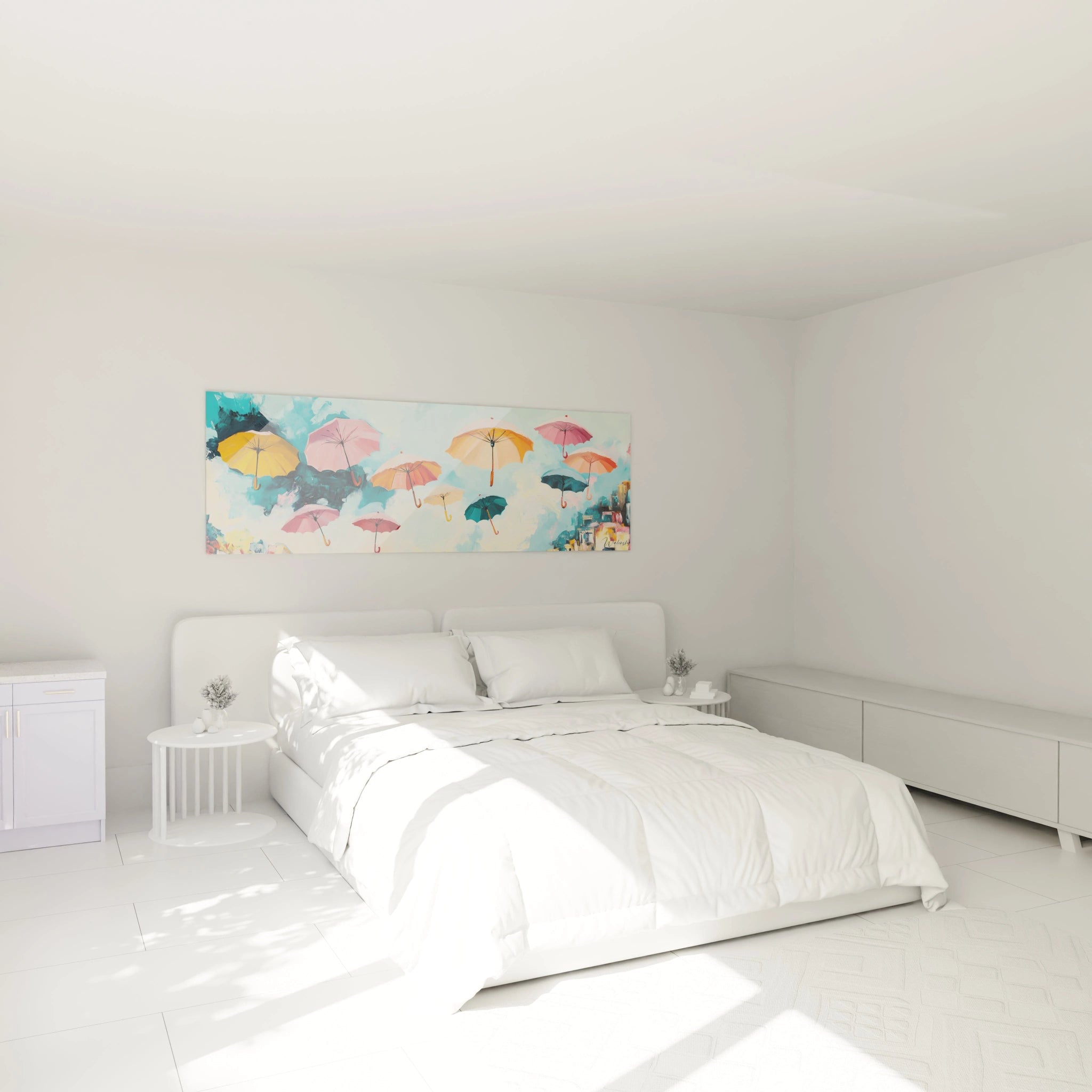 Tableau multicolore abstrait de parapluies sur fond blanc, idéal pour décorer une chambre moderne