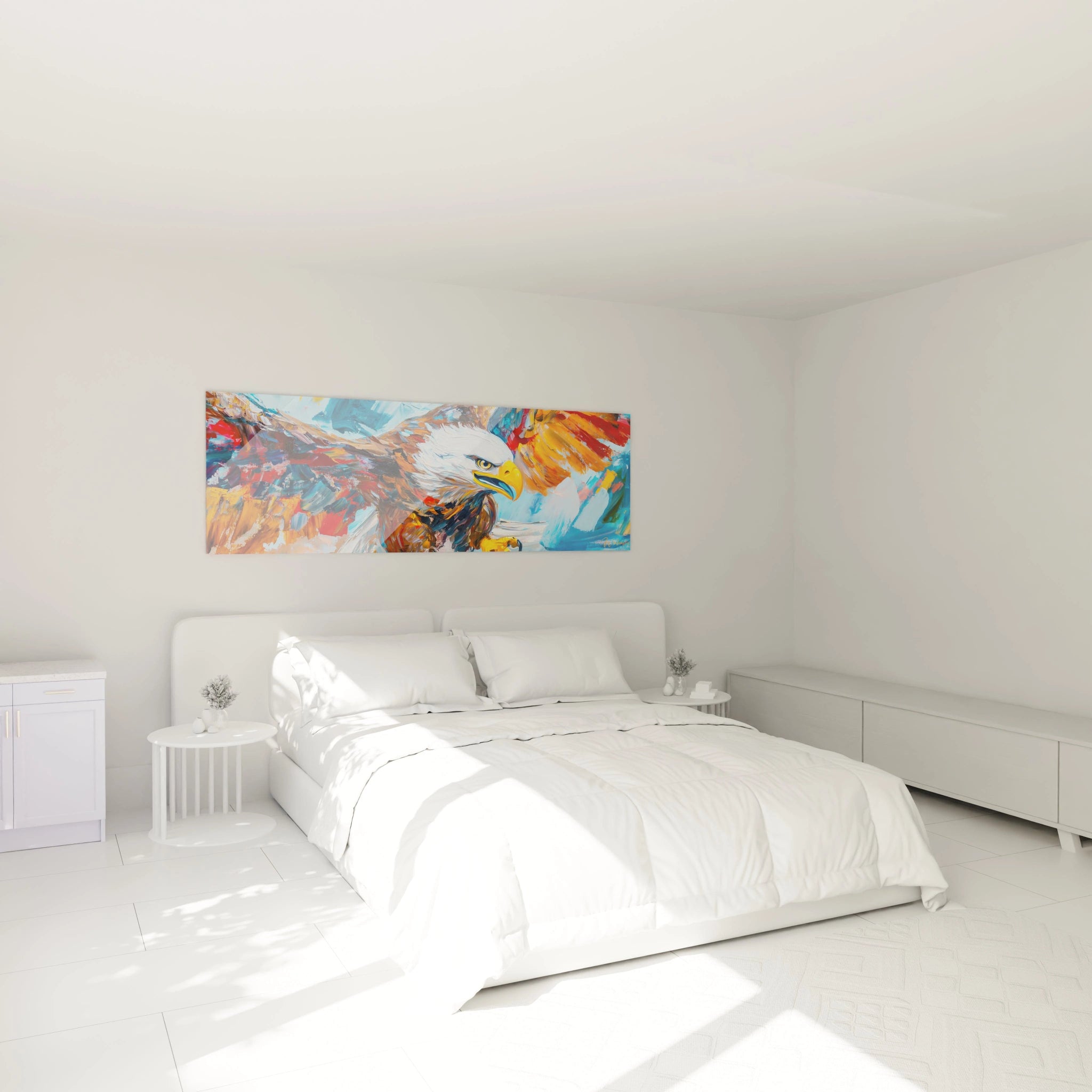 Tableau aigle coloré de Walensky décorant un mur dans une chambre lumineuse