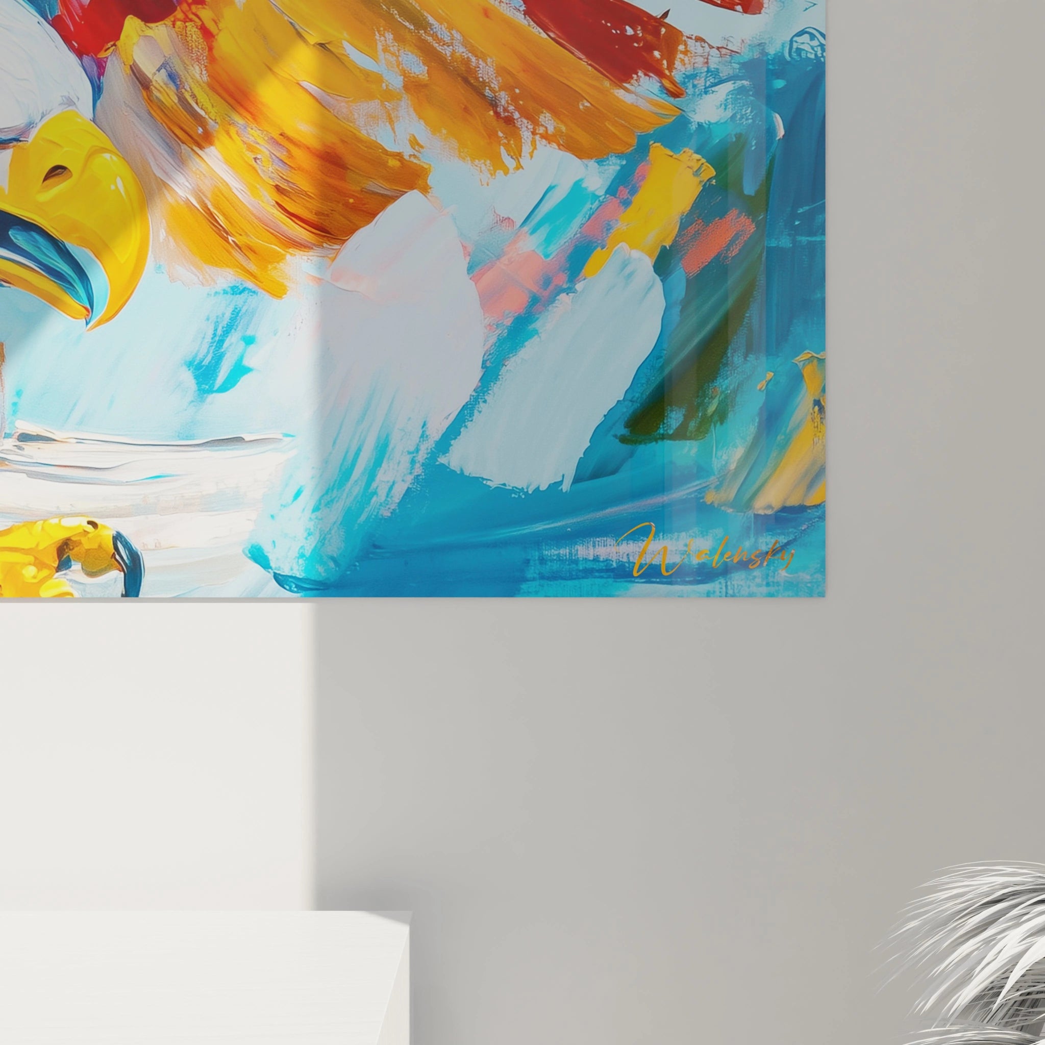 Tableau aigle coloré de Walensky avec des coups de pinceau vifs sur fond bleu