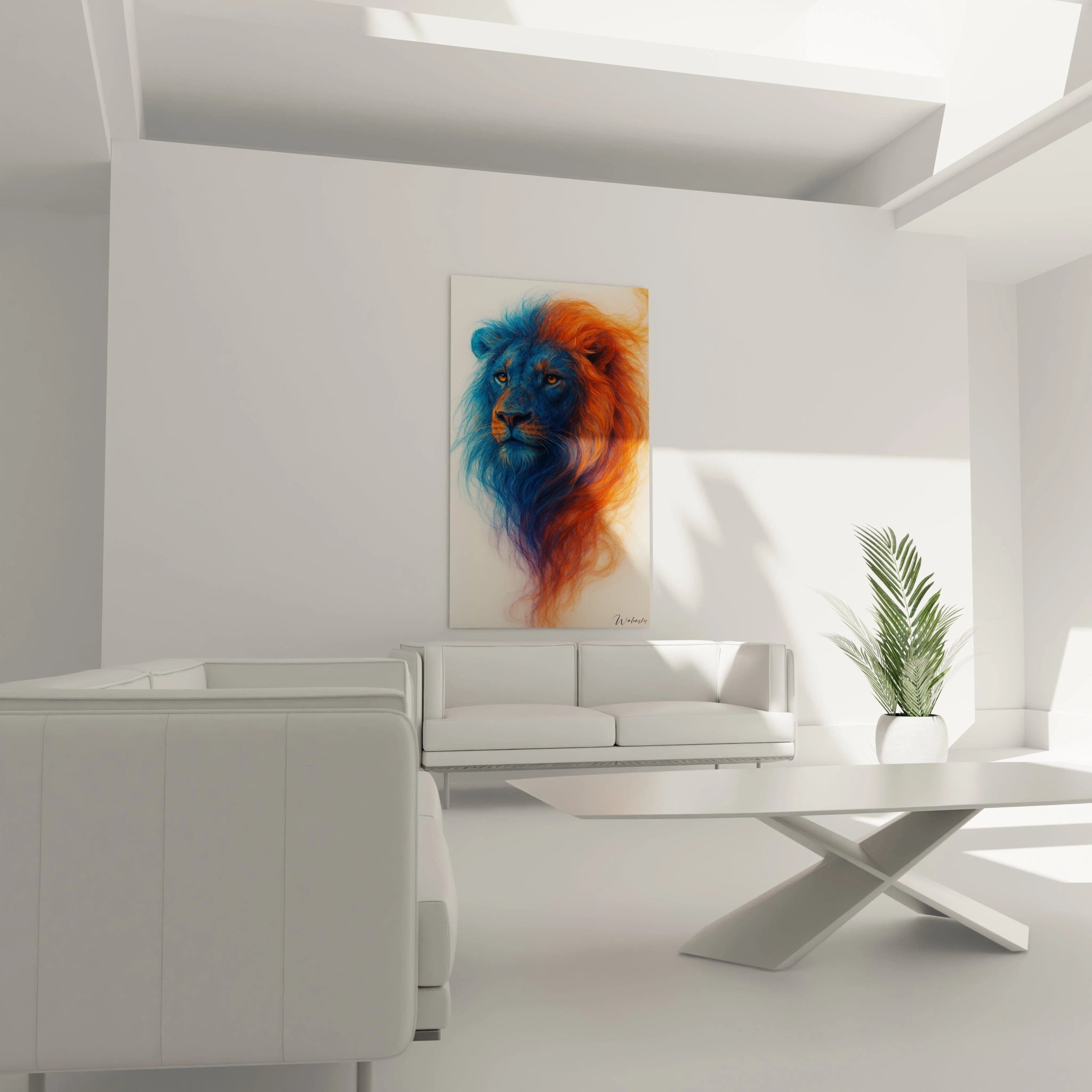 Un tableau lion dualité présentant un félin royal dont la tête est séparée en deux zones chromatiques contrastées - bleu cobalt et orange cuivré. Les fils de couleur semblent flotter dans l'espace, créant une texture vaporeuse.