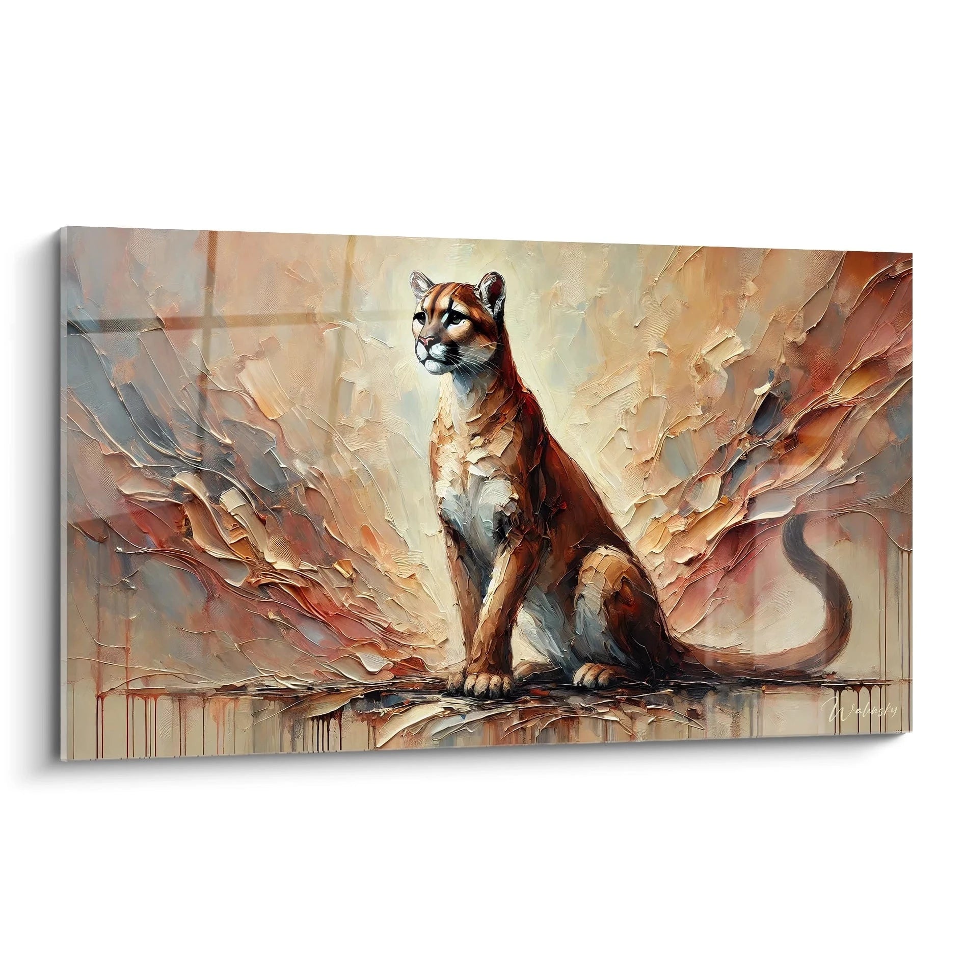 Vue de biais du tableau puma, ce chef-d'œuvre capte l'essence puissante et sereine du puma dans des tons chauds et texturés pour sublimer la force naturelle de l'animal.