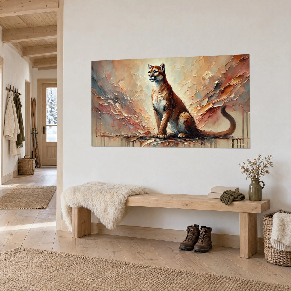 Schilderij bergkat met opgerolde staart, beige en roestkleurige paletmesstreken, licht houten bank, chalet-entree